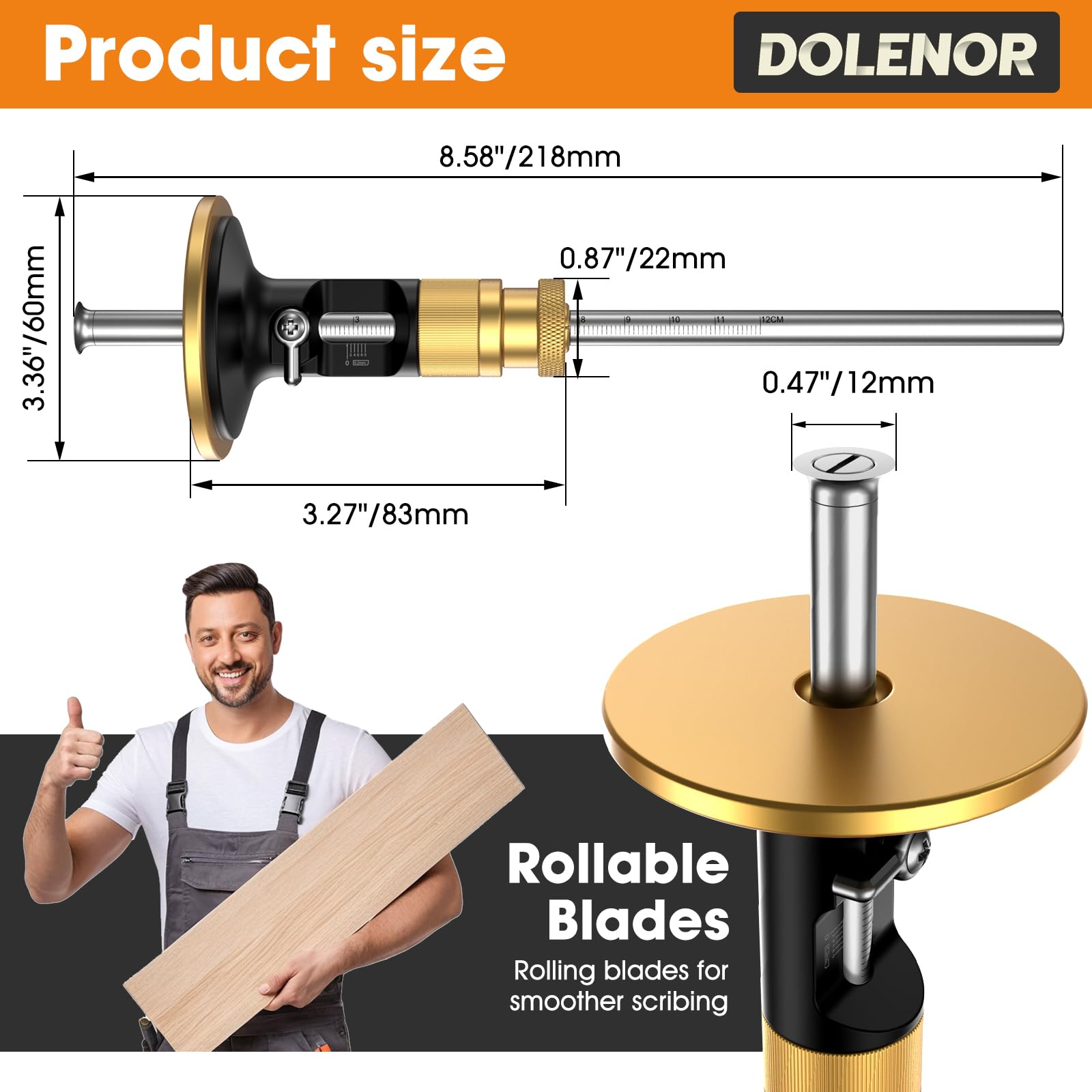 Wheel Marking Gauge Knife Woodworking, Scribe Tool Woodworking, Adjustable 0-12cm, Aluminum & Brass Options, for Parallel Lines, Dovetail Joints & Professional Carpentry (Brass with Fine Adjustment) — Amazon image 3