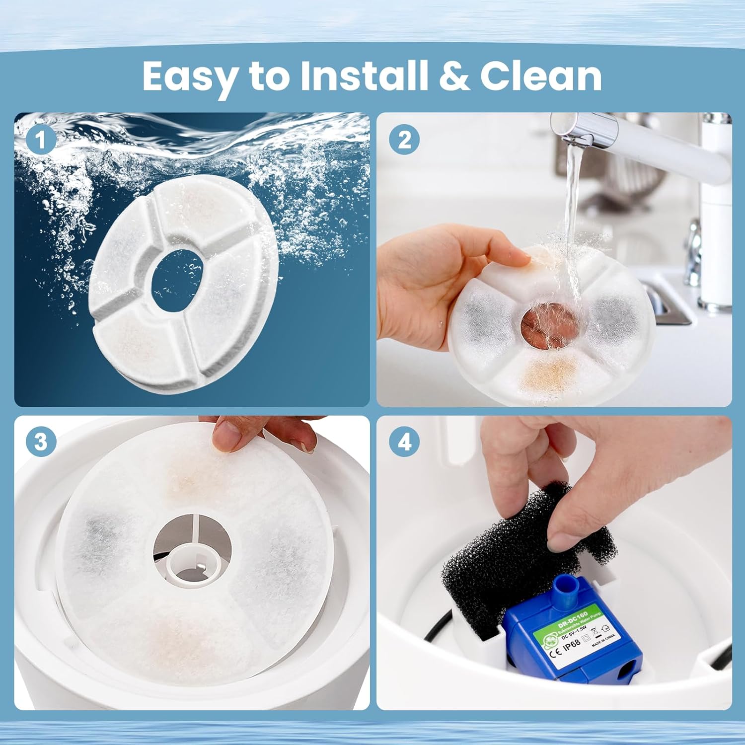 12 Pack Cat Water Fountain Filter, 8 Pcs Cat Fountain Filters Replacement Dia is 5" & 4 Pcs Pre-Filter Sponges for 81oz / 2.4L Round Automatic Pet Water Fountain Dog Dispenser, 3-Filtration System - Image 7