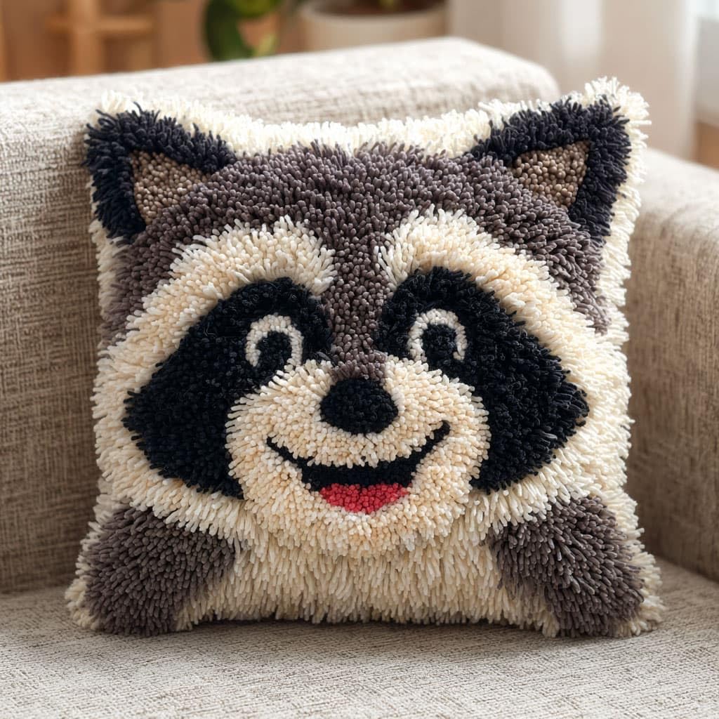 WallustrioaW DIY Latch Hook Cushion Kits,Animal Raccoon