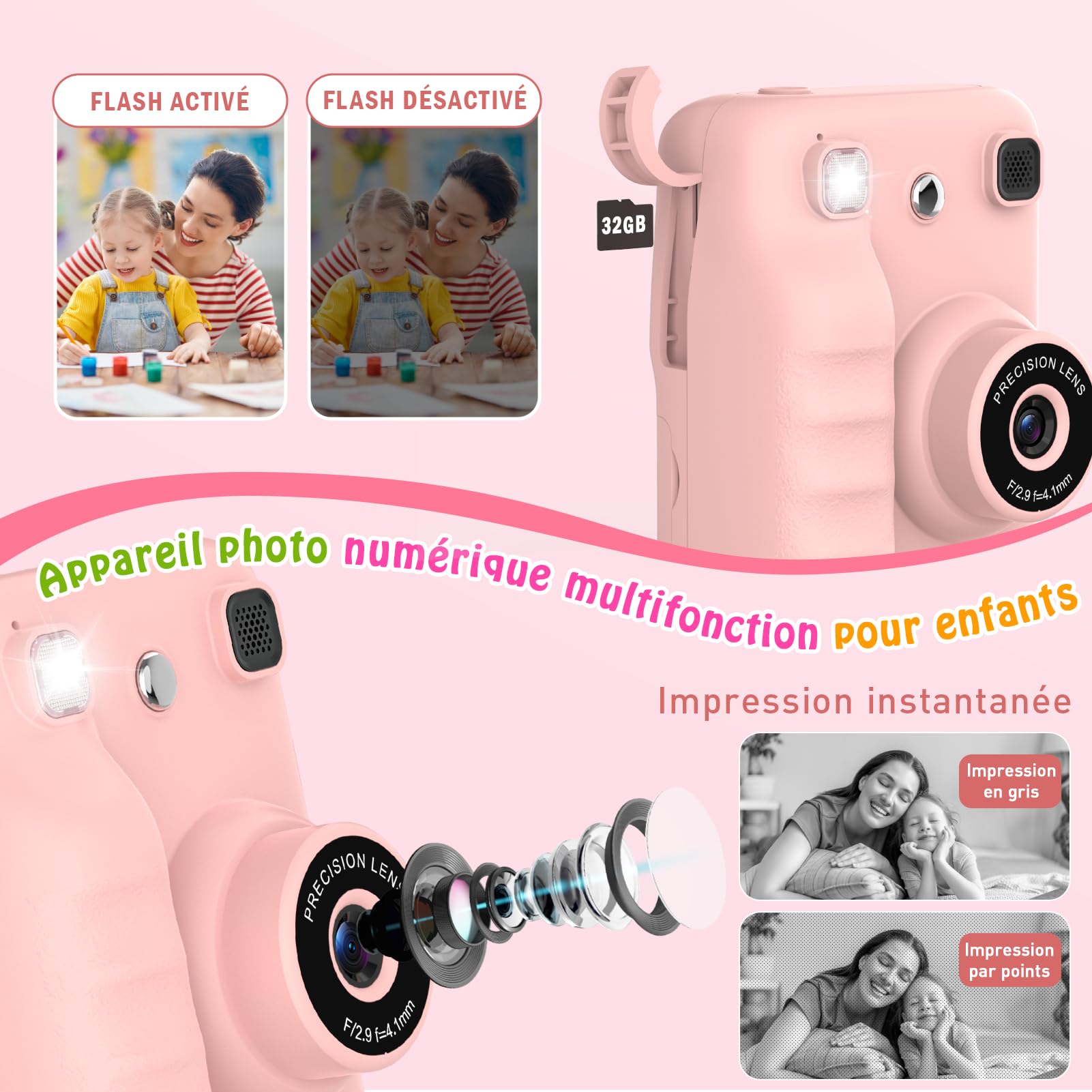 Appareil Photo Instantané Enfant, Appareil Photo Enfant avec Papier d’Impression & Carte 32GB, Écran 2.4'' HD, Vidéo 1080P, Selfie & Jeux, Cadeau Noël Anniversaire pour Filles Garçons 3 à 12 Ans