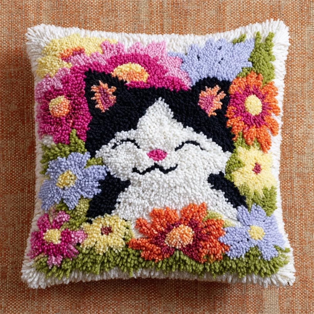 kitphoenix 3D Pillow Latch Hook Embroidery Kits Cat and Flower DIY Pillow Materials Package Crocheting Rug Yarn Cushion Embroidery Set Fit for Beginners Embroidery Kit Pillowcase Cushion 17X17Inch