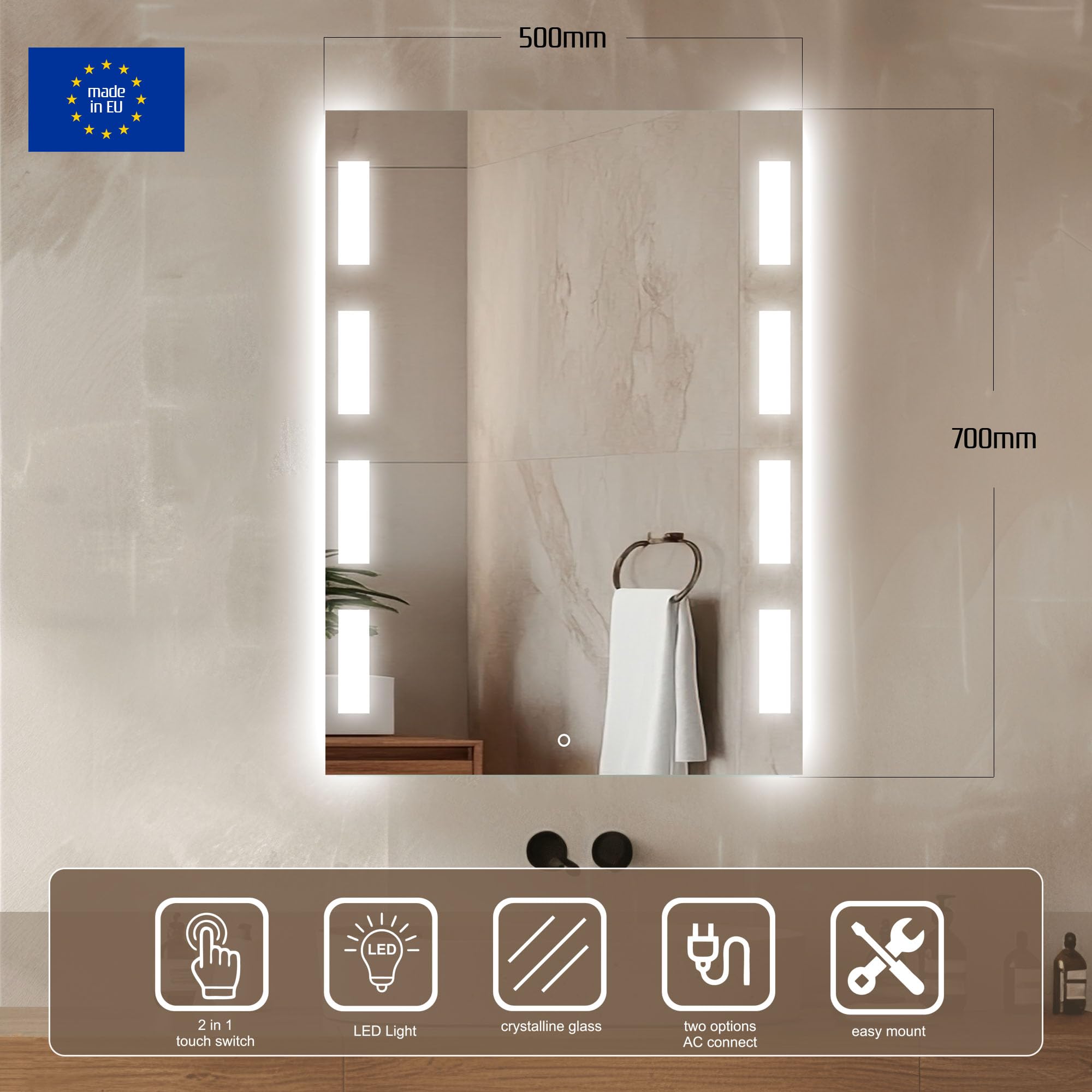 Venti Espejo Baño LED 50 × 70 cm, Patrón Luminoso Lateral