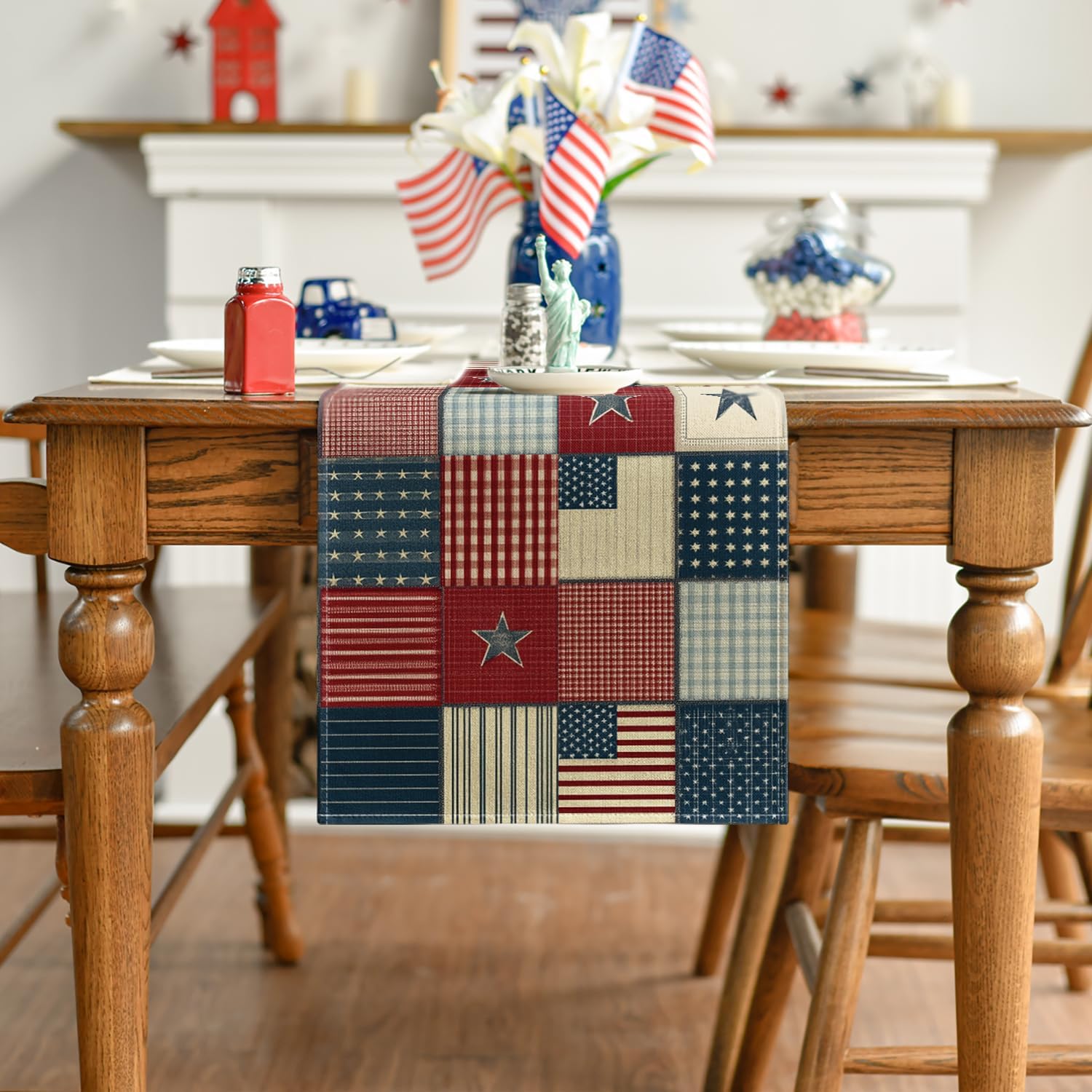 Artoid Mode Checkered Stars Stripes 210 GSM 4th of July Table Runner, Memorial Day Kitchen Dining Table Decoration for Home Party Decor 13x120 Inch 13" x 120", Table Runner Blue/Red