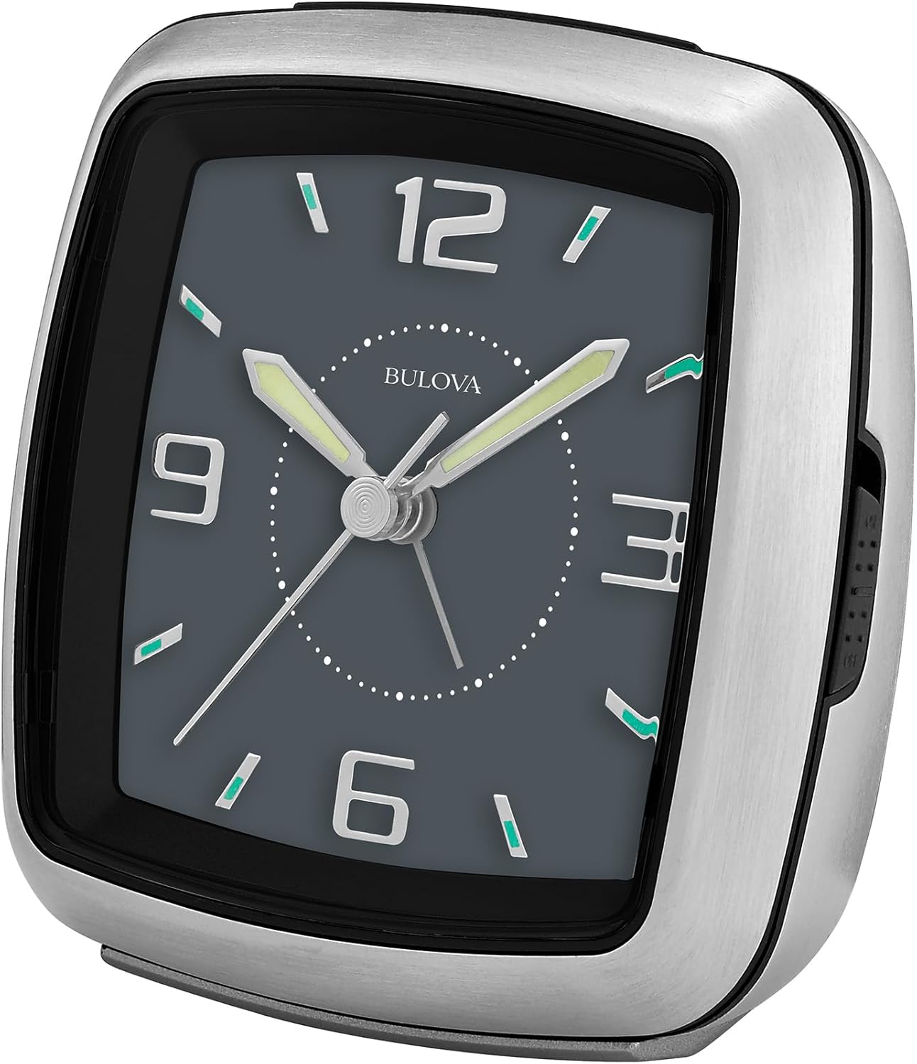 B5028 Regency Bulova 3.75” Bedside Alarm Clock – Silver Metal Case, Jet Black Dial with Raised Numbers, Silent Sweep Quartz, Ascending Alarm & Snooze, Lighted Dial