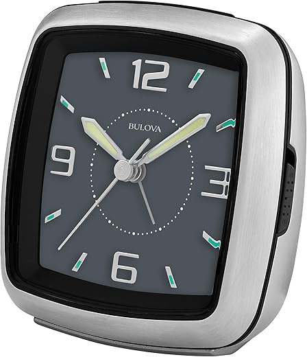 B5028 Regency Bulova 3.75” Bedside Alarm Clock – Silver Metal Case, Jet Black Dial with Raised Numbers, Silent Sweep Quartz, Ascending Alarm & Snooze, Lighted Dial