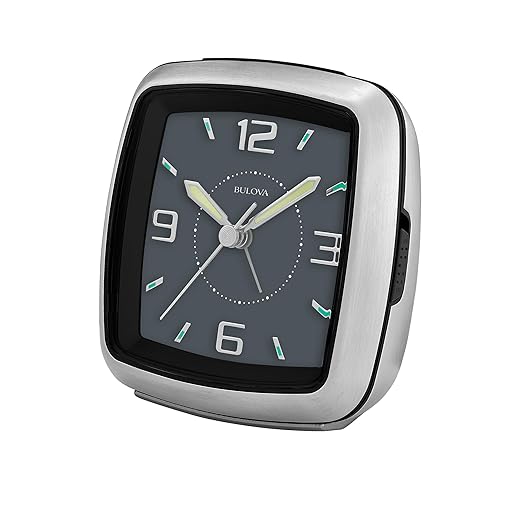 B5028 Regency Bulova 3.75” Bedside Alarm Clock – Silver Metal Case, Jet Black Dial with Raised