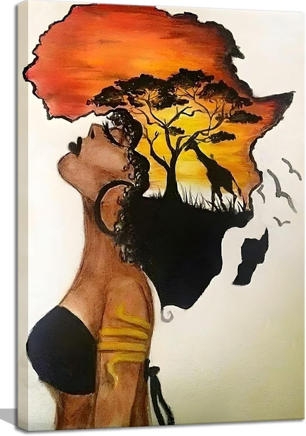 Framed African American Wall Art Homesick African Woman Posters Canvas Painting Black Girl Abstract African Sunset Landscape Wall Decor Picture Prints Art for Living Room Bedroom Home Decoration… Black2 16L" x 12W"