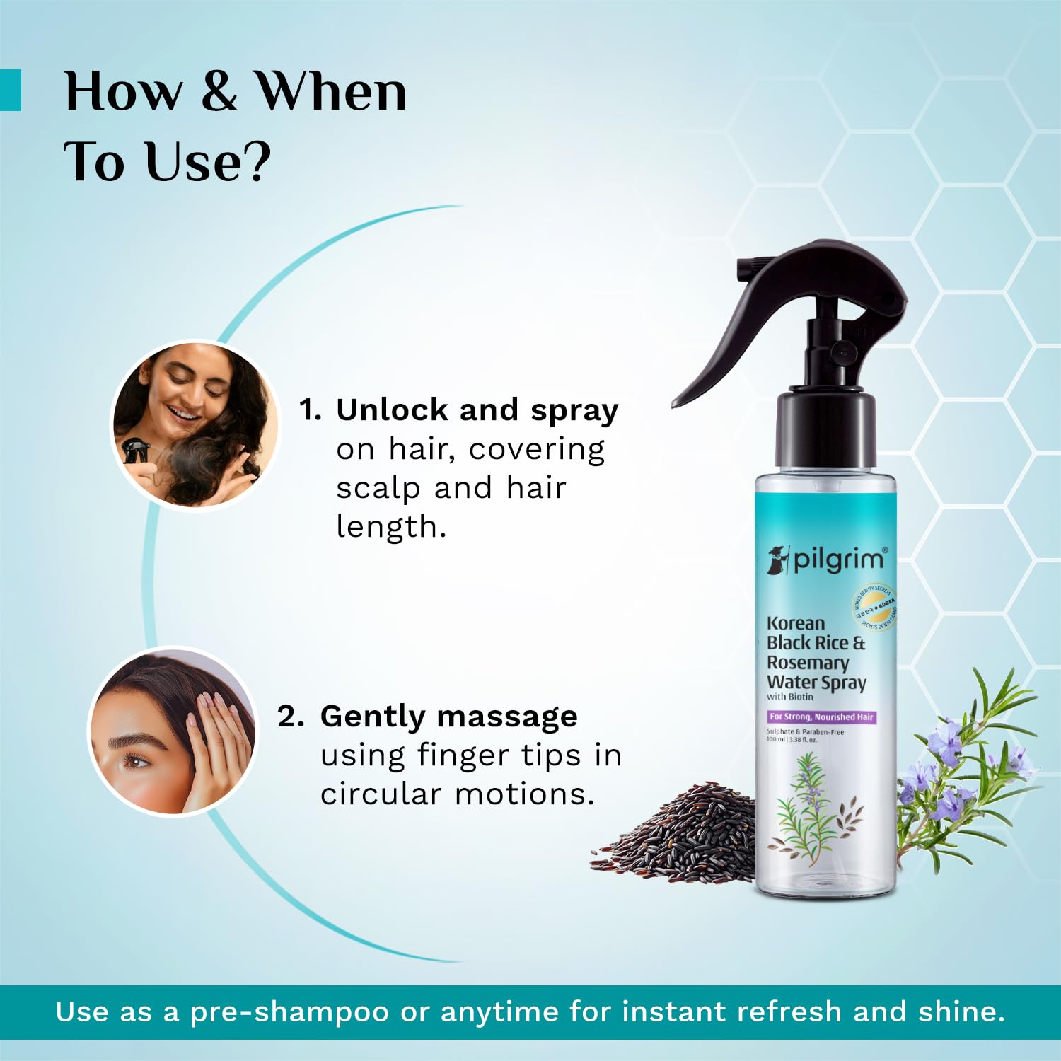Pilgrim Korean Black Rice and Rosemary Water Spray With Biotin for Hair Growth 100ml | Hair Spray for Regrowth | Thicker & Stronger Hair | Sulphate & Paraben Free I For Women & Men 5 Pilgrim Korean Black Rice and Rosemary Water Spray With Biotin for Hair Growth 100ml | Hair Spray for Regrowth | Thicker & Stronger Hair | Sulphate & Paraben Free I For Women & Men