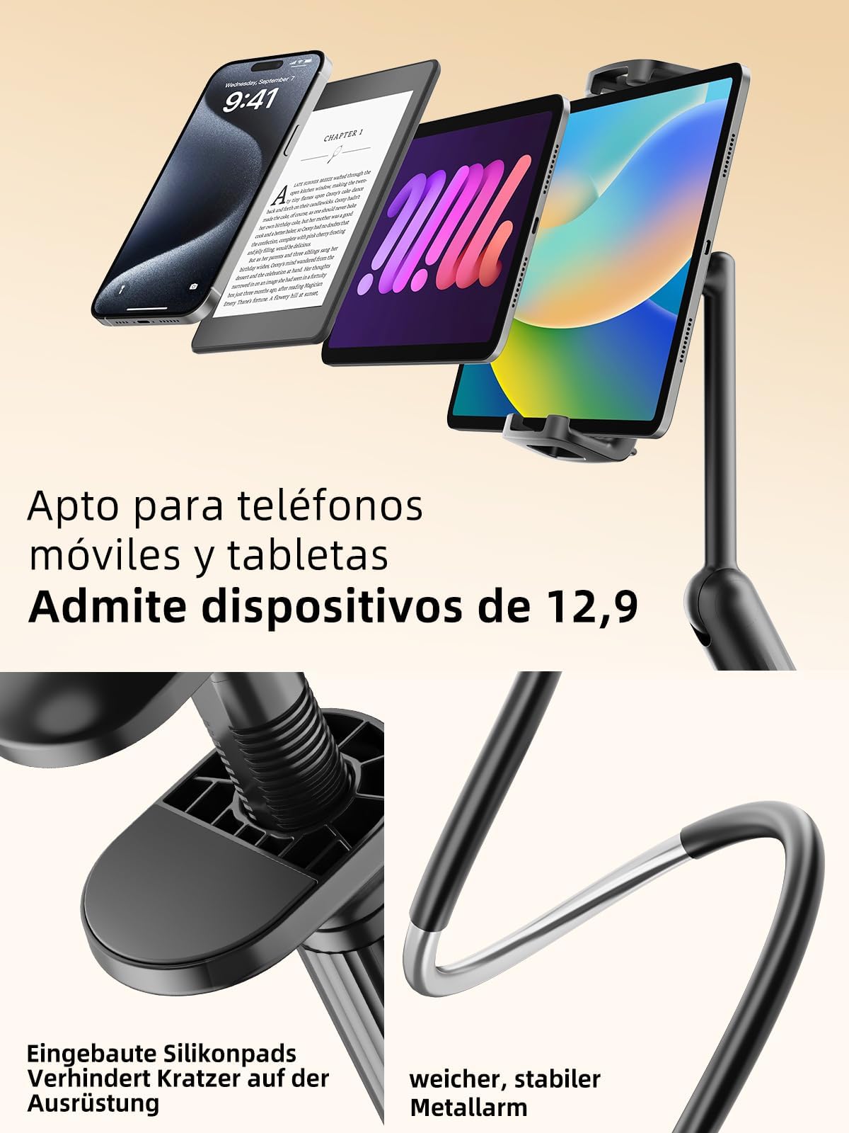 SAIJI 120CM Upgrade Schwanenhals Tablet Halterung, Einhand Verstellbarer iPad Halterung Bett, Kindle Halterung zum Lesen im Bett, Kompatibel mit iPad iPhone, Fire, Alle Geräte von 4,7-12.7"