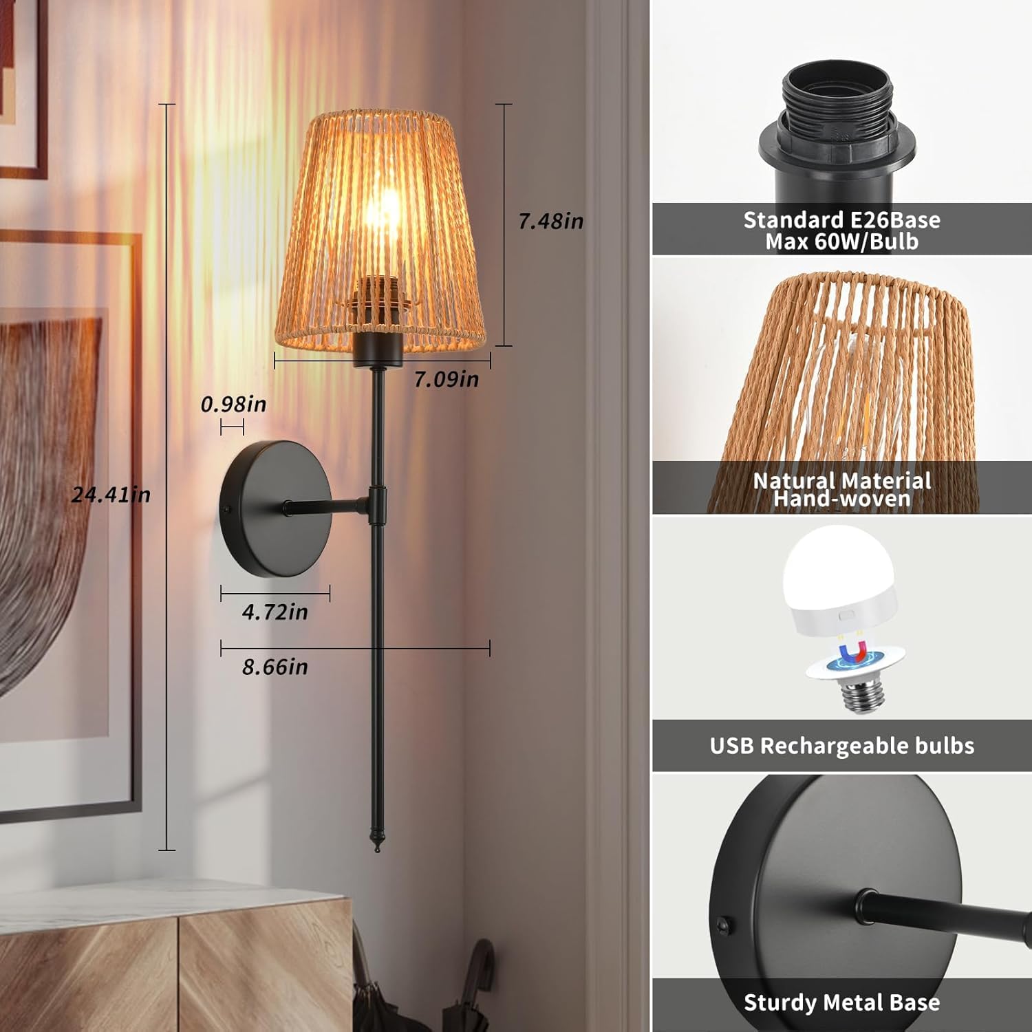 Lampada da Parete Boho in Rattan per Interni, alimentata a Batteria con Telecomando, Lampada retrò dimmerabile RGB, Paralume Ricaricabile Tramite USB, Non necessita di Collegamento