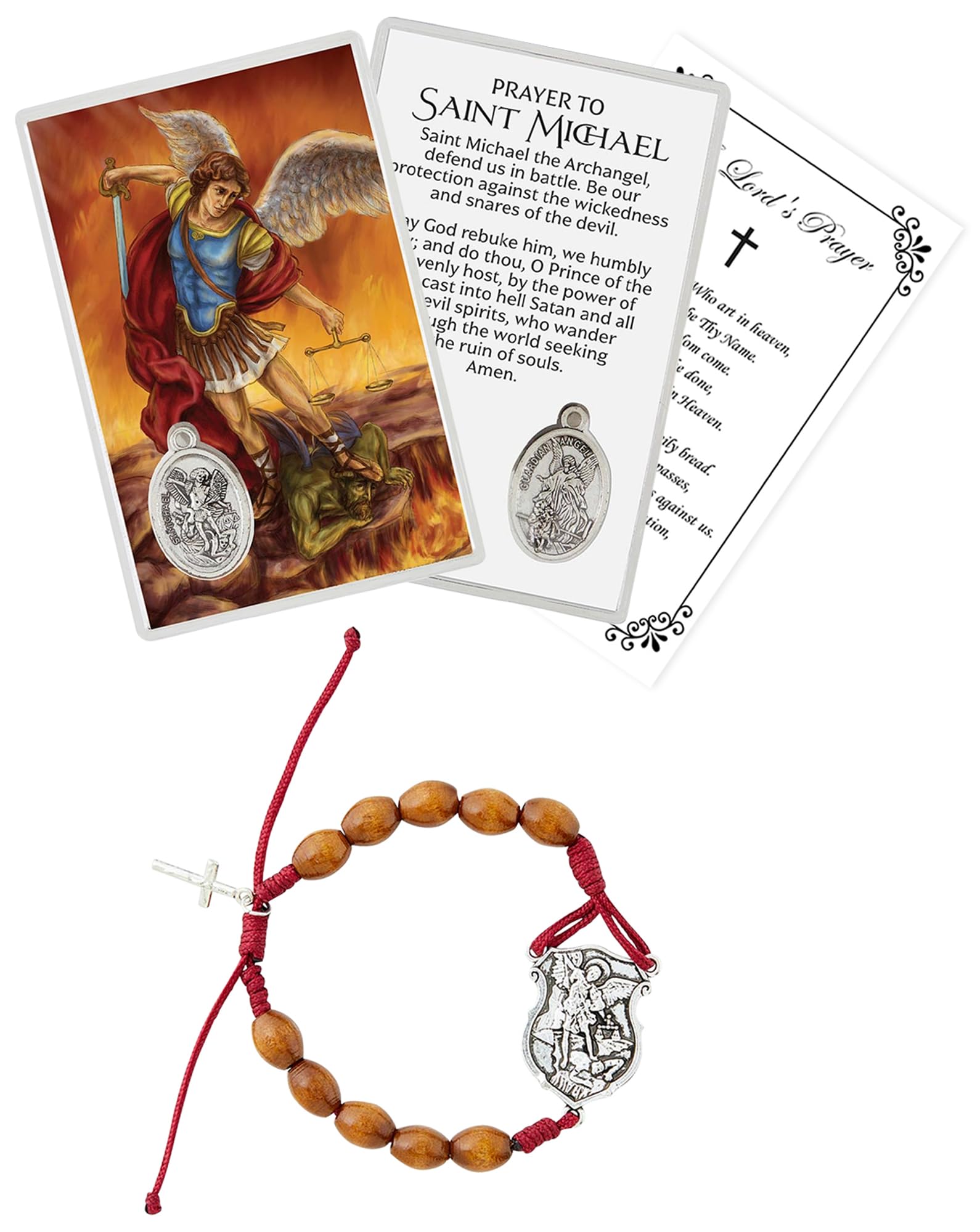 TrendzeenSt Michael Bracelet - with St Michael Prayer Card with Medal, The Lord's Prayer | Wood Beads Saint Michael Archangel Bracelet | San Miguel Arcangel Bracelet with Catholic Prayer Cards Set | 3 Items