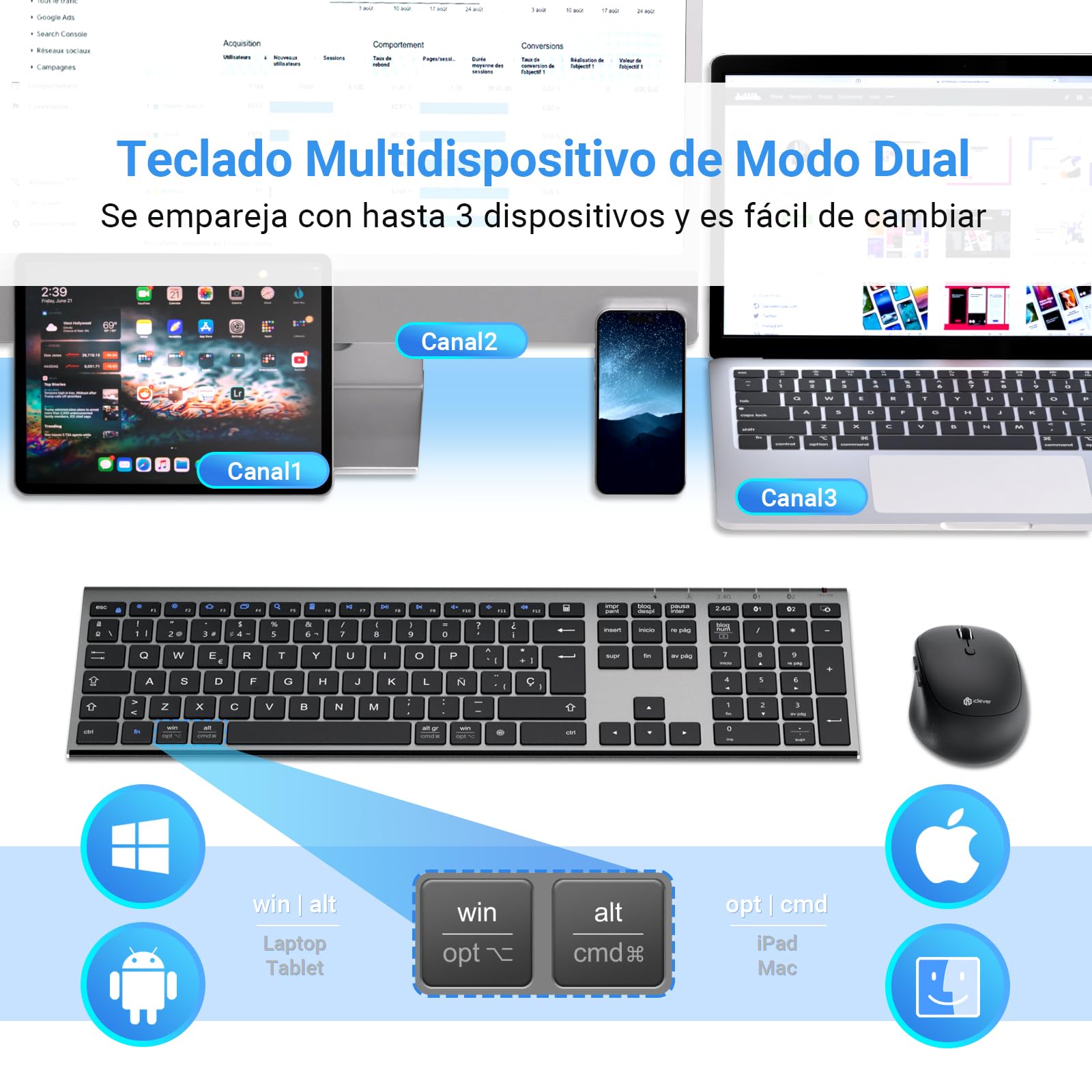 iClever Bluetooth/2.4G Teclado y Ratón DK03-QWERTY Español Teclado Ratón Inalámbrico, Recargable, Multidispositivo, Ergonómico, Tamaño Completo, Delgado para Mac, iPad, Apple, Android, Win