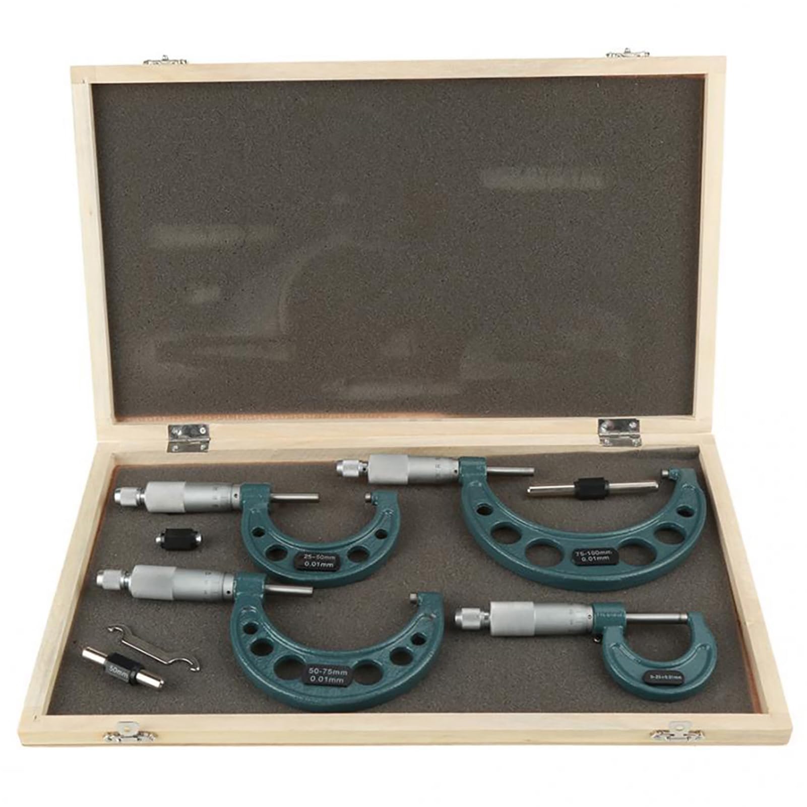 Robusto Set di Micrometri Metrici per Esterni 0‑100 Mm, Calibri di Misurazione 4 Pezzi con Accessori per Officine Meccaniche, Scatola di Legno/coperchio Inclusi