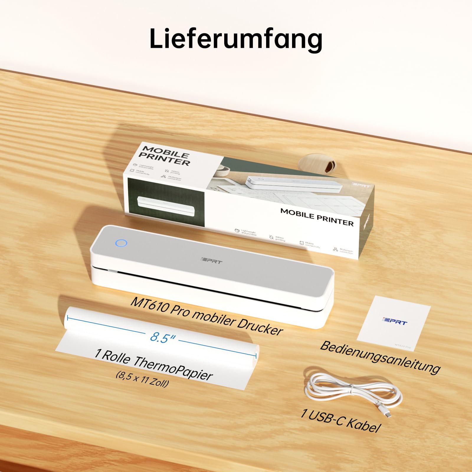 iDPRT tragbarer Thermodrucker, 300DPI Tintenloser Bluetooth-Kleine Mobildrucker Drahtlos für Reisen, Büro, Fahrzeuge, Heimgebrauch, Unterstützung A4 Thermopapier Kompatibel mit iOS, Android, PC, Weiß