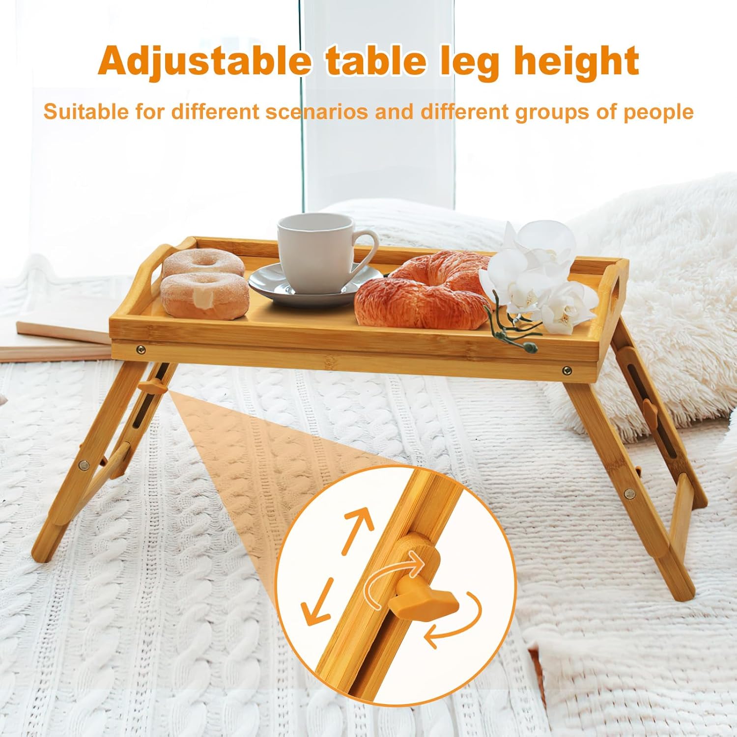 Bed Tray Table Set of 2, Bamboo Breakfast Trays with Folding Legs and Handles, Snack and Eating Lap Table, Natural Wood Color Serving Tray for Kitchen, Sofa or Bed Use