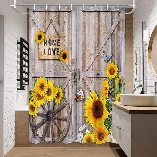 Miniatura 8 de Cortina de ducha rústica con diseño de puerta de granero para baño, cortinas de decoración de baño con tablero de madera de campo retro, conjuntos
