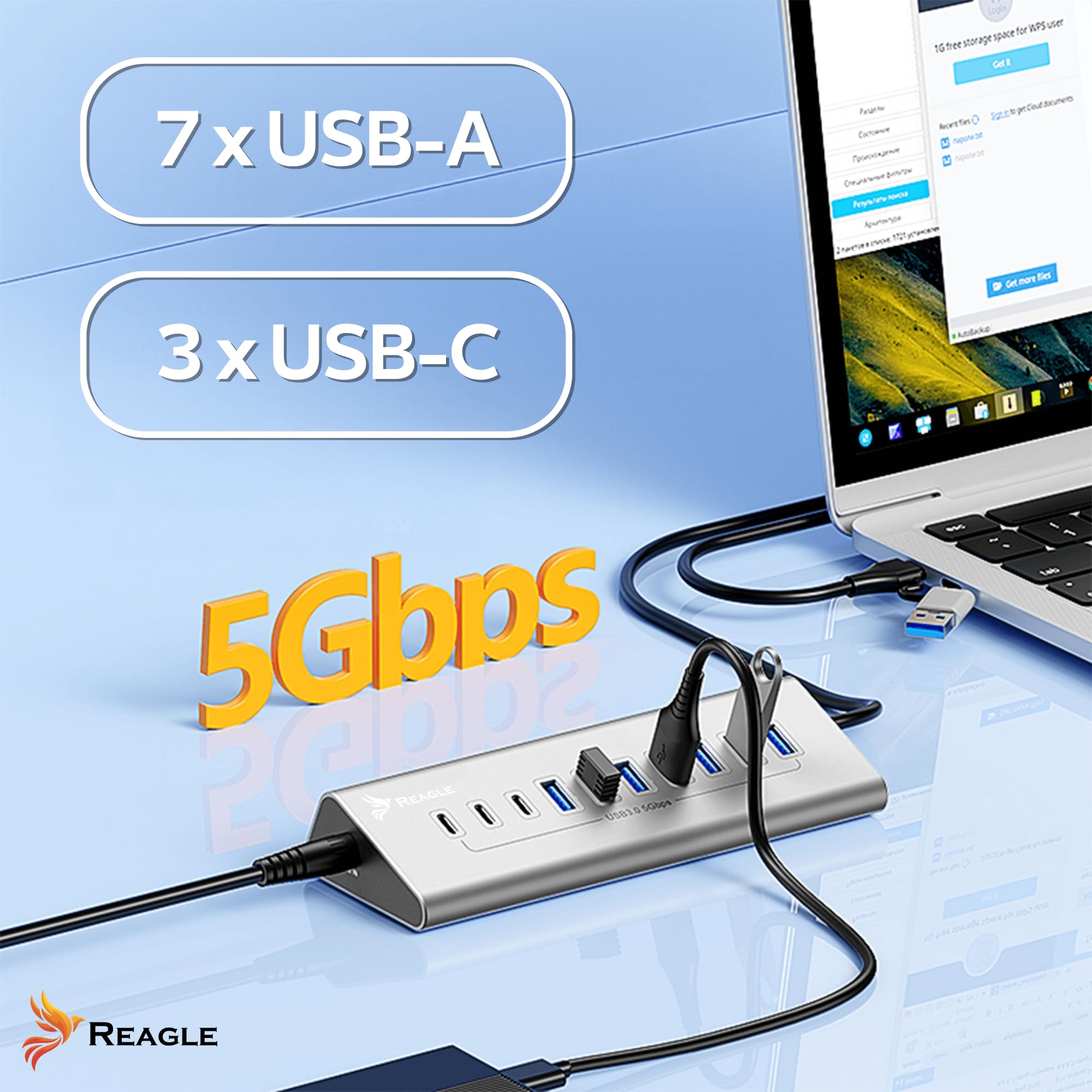 REAGLE Concentrador de 10 puertos, USB 3.2 con cable de 100 cm para escritorio, 10 en 1, 7 puertos USB-A y 3 x USB-C, 36 W, Plug and Play, aluminio USB distribuidor 5 Gbps, para PC, portátil, MacBook