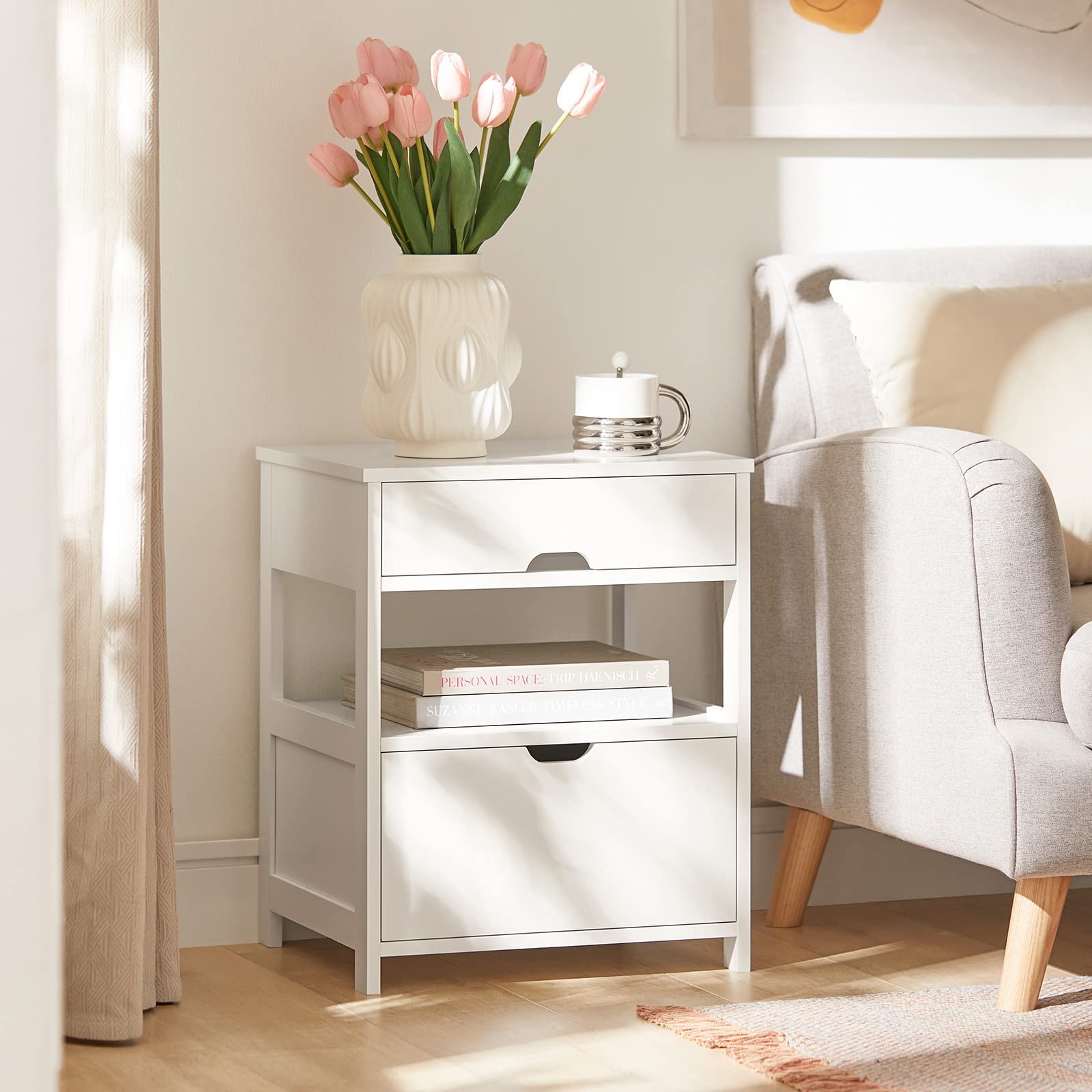 SoBuy Comodino Camera da Letto - Comodino con 2 Cassetti e 1 Ripiano, Tavolino Salotto - Moderna Cassettiera L45 x P38 x A55 cm Bianco FRG258-W