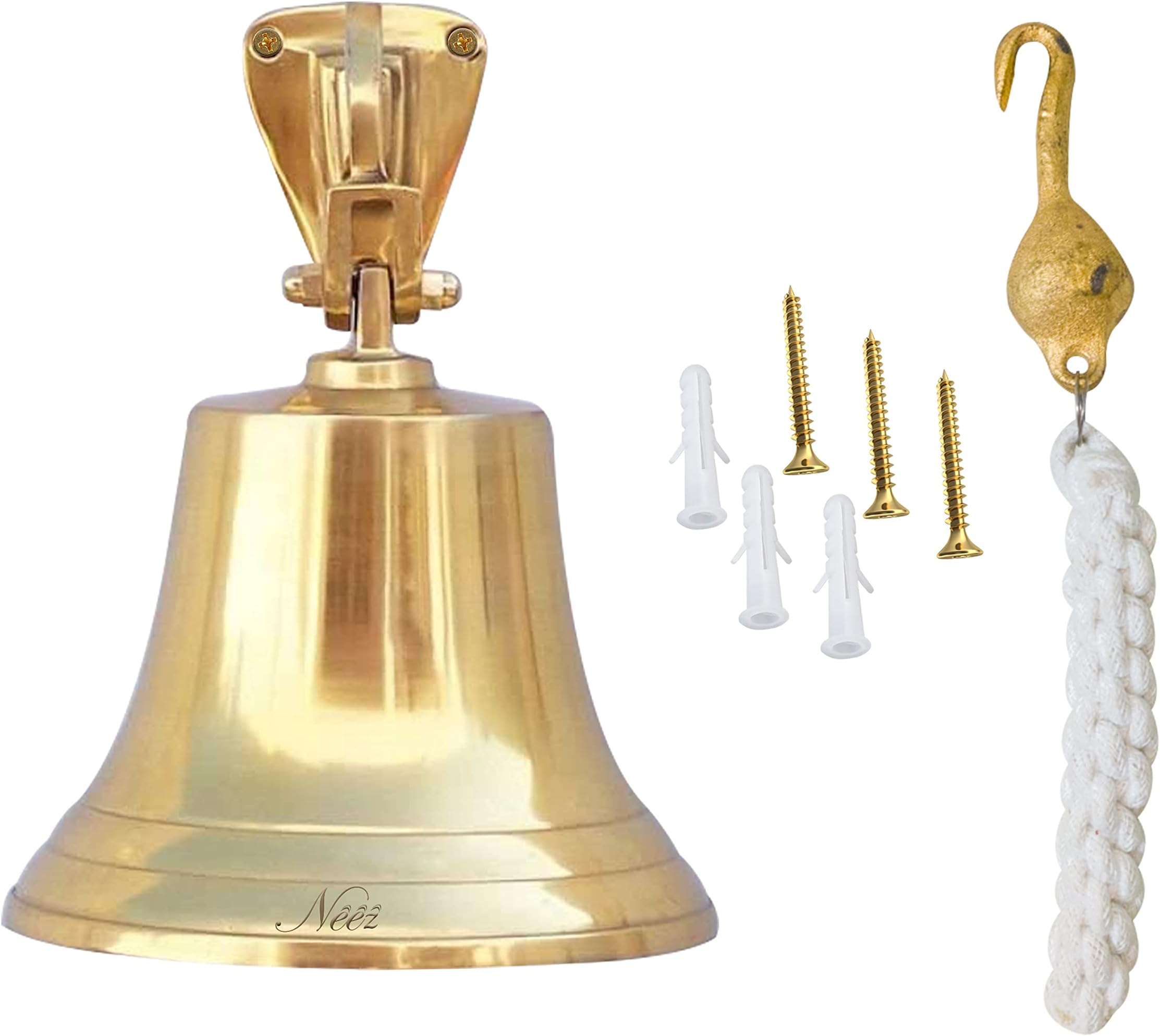 Neez Last Orders Bell - Wall Mounted Hanging Ship Bells For Service, Reception, School, Hotel, Bar, Pub, Boat - Brass Nautical Decor with Rope (Solid Brass 5")