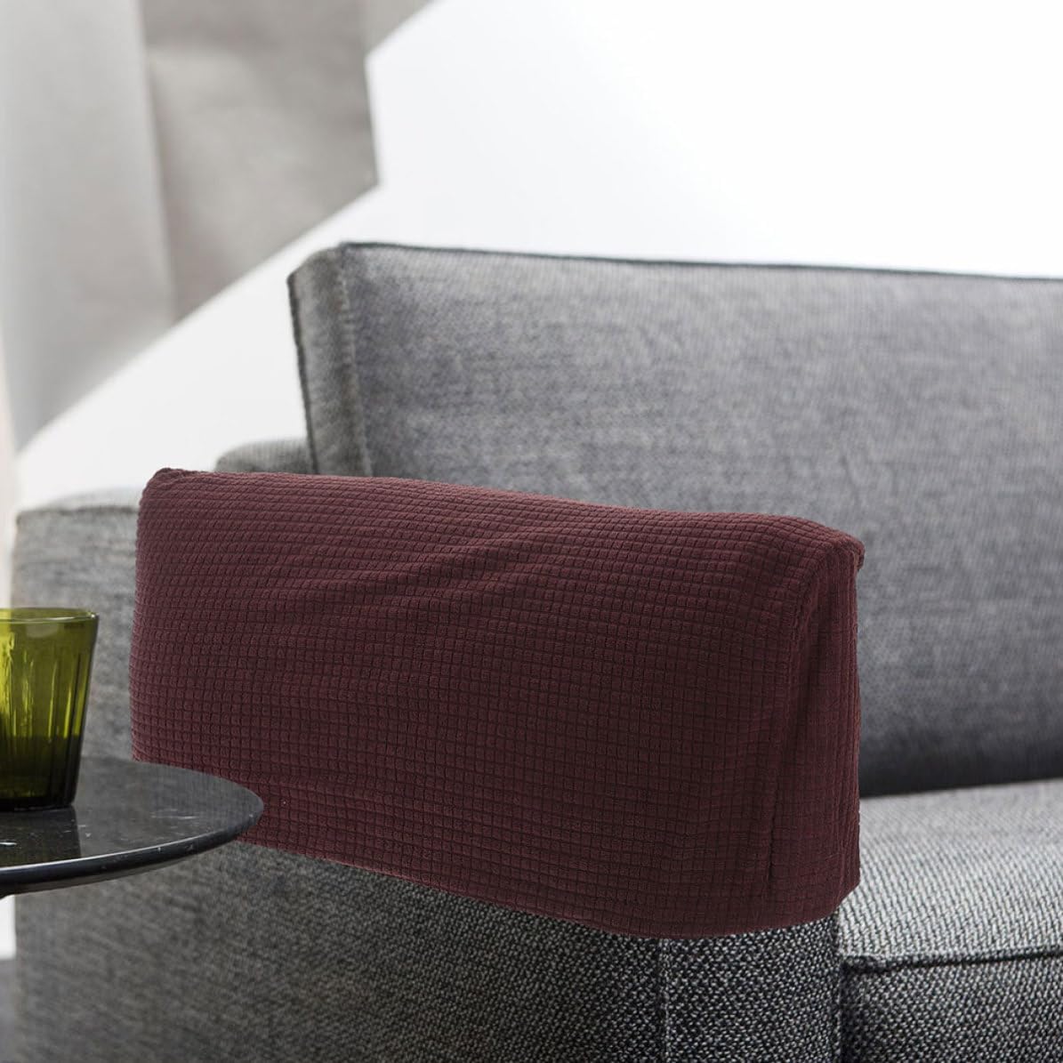 1 Pair Soft Polyester Sofa Armrest Covers with Elastic Full Wrapping, Waterproof Coffee Plaid Pattern Armrest Slipcovers for Families with Guests and Pets, Universal Fit for Sofas