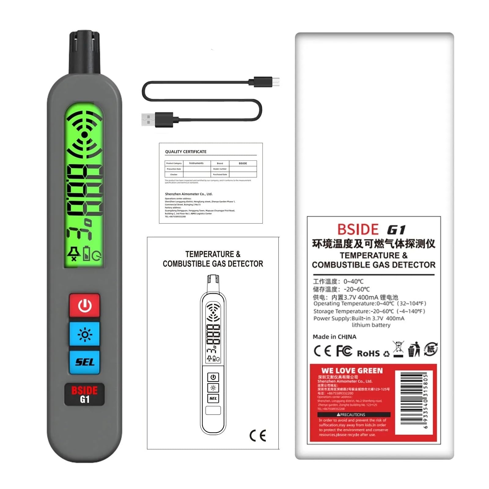 Detector de gas Detector de fugas de gas Combustible natural CO2 Alcohol inflamable GLP Analizador de metano Alarma sonora recargable Probador PPM LEL Respuesta rápida