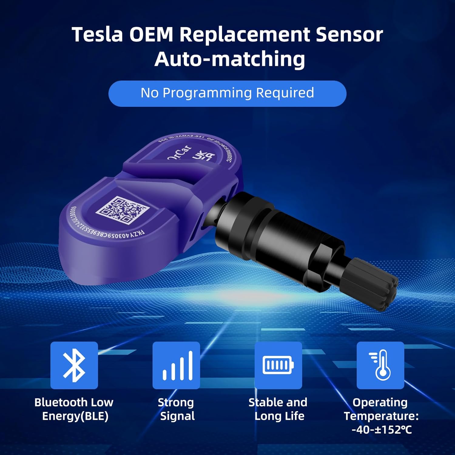 QQrCar Bluetooth TPMS Sensor with icons for Bluetooth Low Energy, Strong Signal, Stable and Long Life, and Operating Temperature.