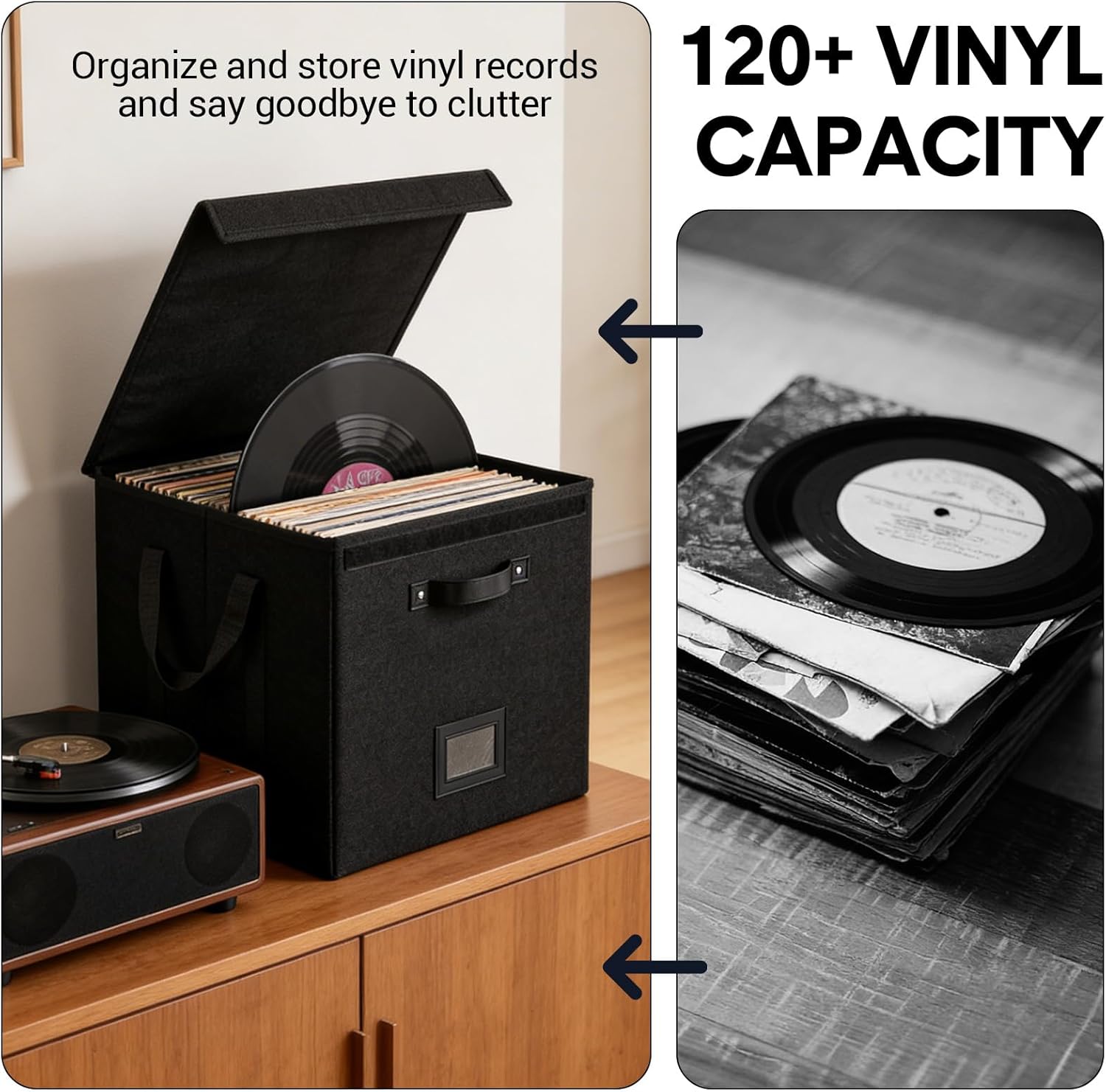 Garvee Set of 3 Vinyl Record Storage Boxes, Non-Woven Stackable Record Holder with Lid and Handles, LP Storage Organizer for Valuable Album Collection, Black