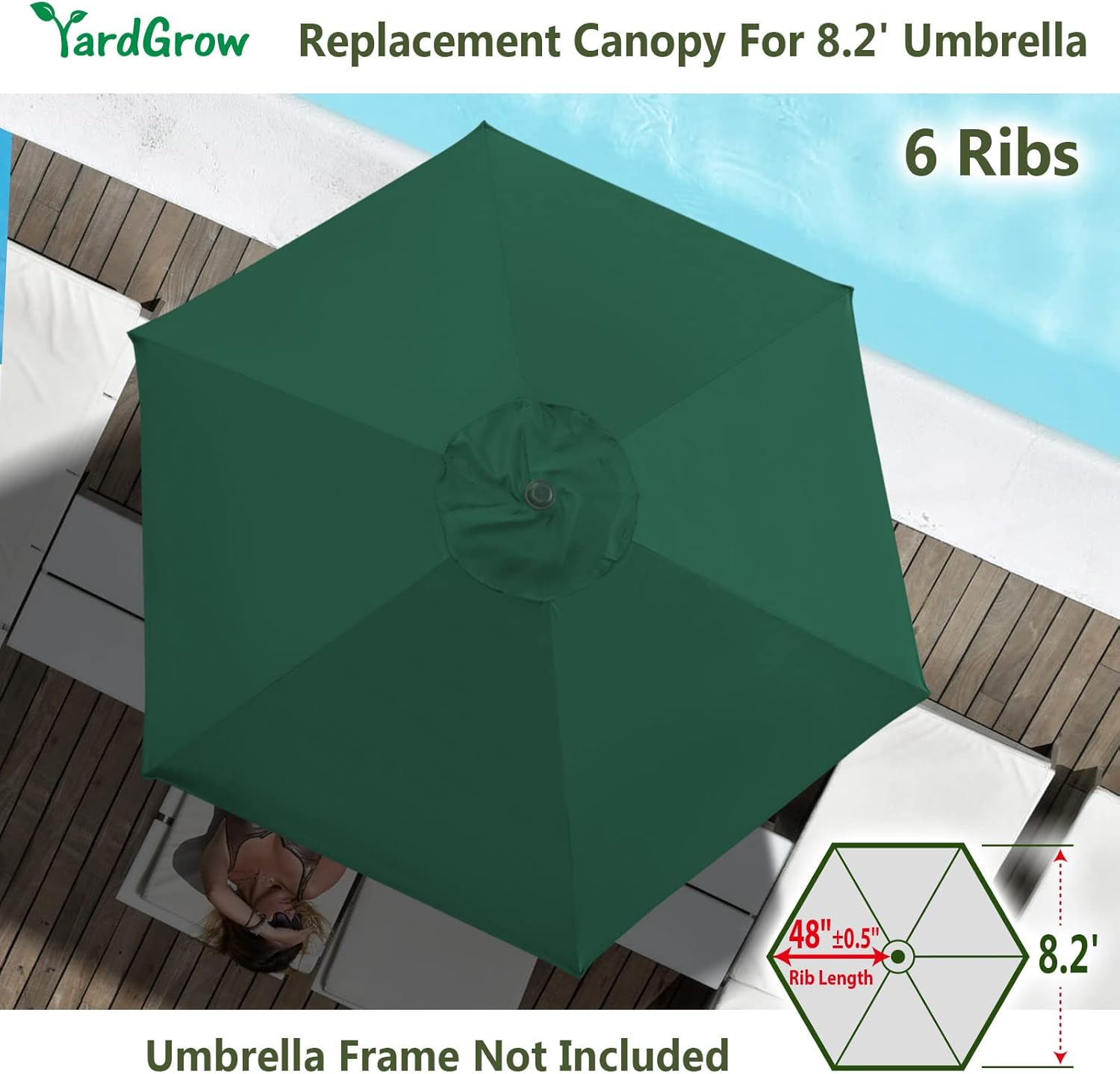 YardGrow 8.2ft 6 Ribs Patio Umbrella Replacement Canopy Market Umbrella Top Fit Outdoor Umbrella Canopy, Canopy ONLY