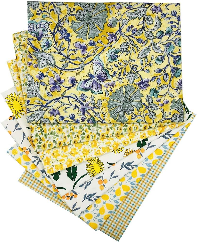 Sunflower Loquat Checked Quilting Fabric Fat Quarters,Yellow Cotton Fabric Bundles,7pcs 18 x 22 inches