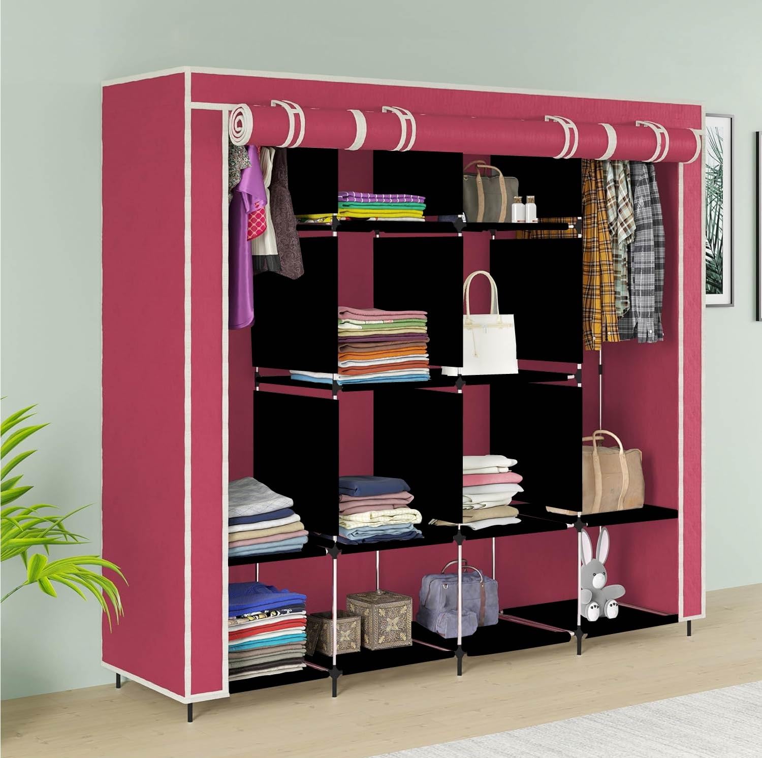 GTC 12 Shelves Fancy Layer Collapsible Wardrobe Portable Almirah Foldable Racks for Clothes Cupboard Cloth Organizer Non Rustable Iron and PP Plastic (Self Assemble) (88270) (Maroon)
