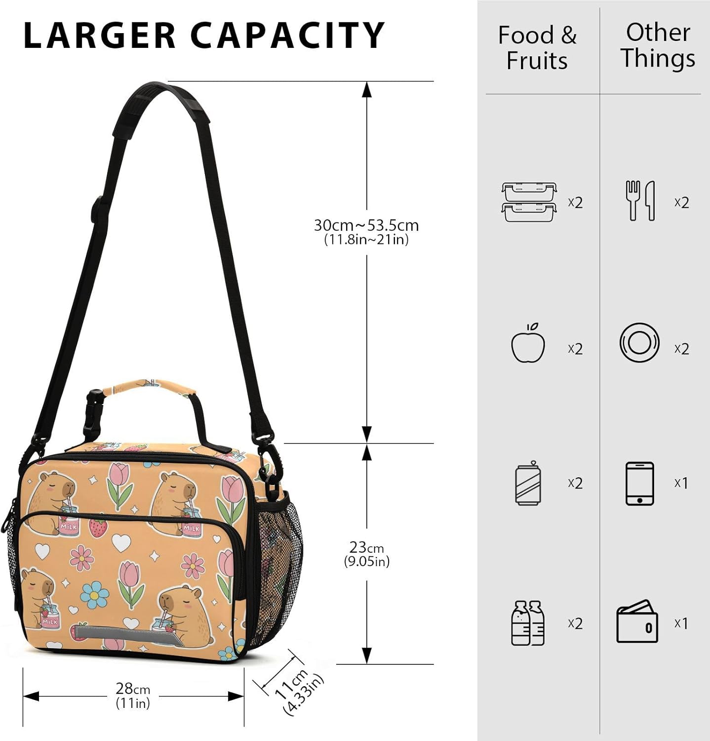 Aslsiy Lunch Bag for Women Cute Strawberry Capybara Insulated Lunch Box Handbag with Adjustable Shoulder Strap for Office Picnic Travel