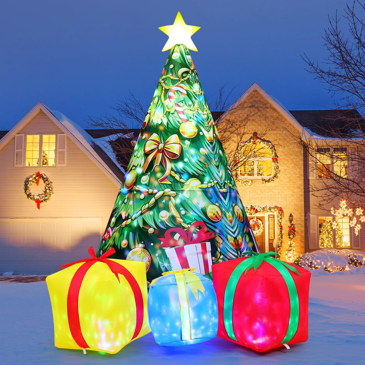 GOOSH 11.8 FT Christmas Inflatables Tree Outdoor Decorations Blow Up Christmas Tree Gift Box Yard with Colorful Light for Holiday Party Indoor Garden Lawn Decor (Yellow)