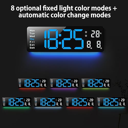 Miniatura 8 de Reloj de pared digital con día y fecha, moderno para sala de estar, silencioso para dormitorios con control remoto (negroazul, 16.2 pulgadas)