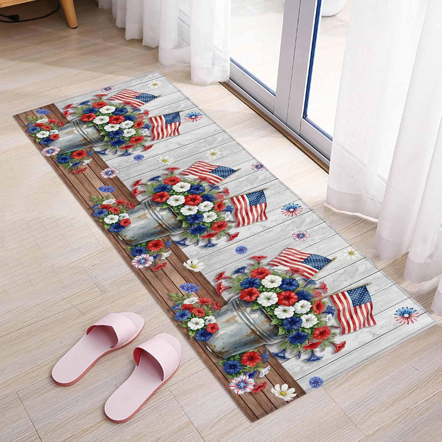 Teamery Kitchen Mats for Floor Independence Day 250th Anniversary Washable Non Slip Kitchen Rugs 1PCS, USA Flag Flowers Absorbent Standing Mats for Sink Bathroom Office Living Room 15.7x47.2in
