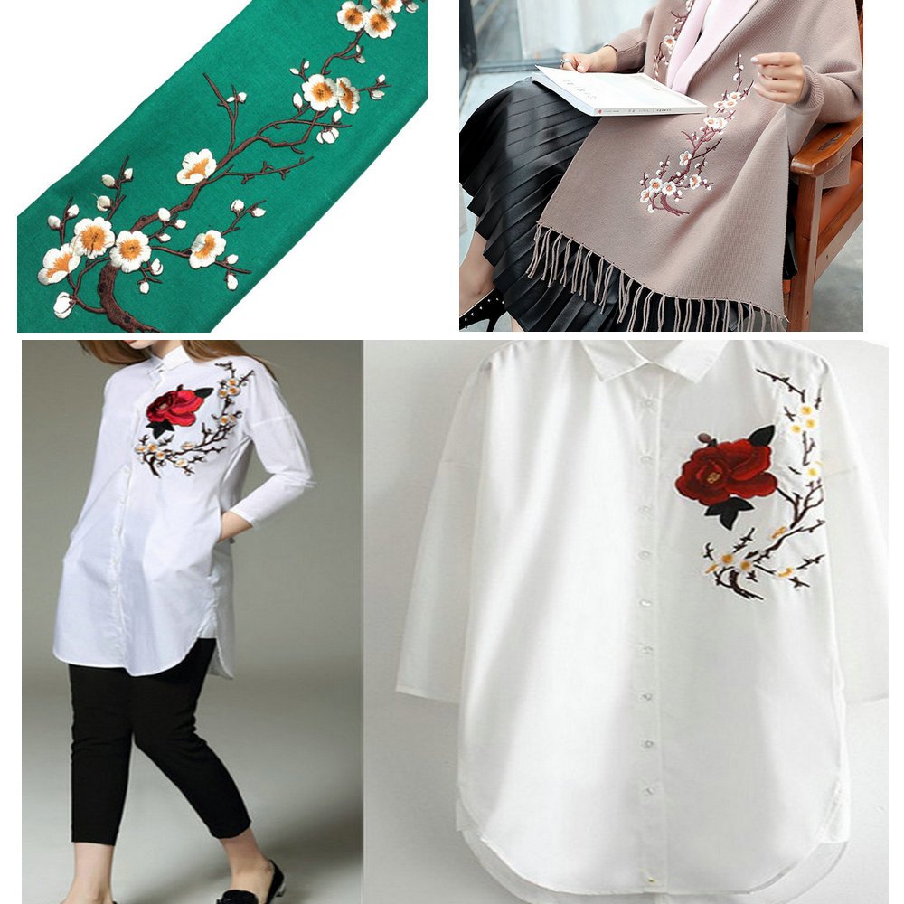 1 parche bordado de flores de ciruelo para ropa, parche de tela, parche para planchar o reparar costura, bordado (verde Bud)