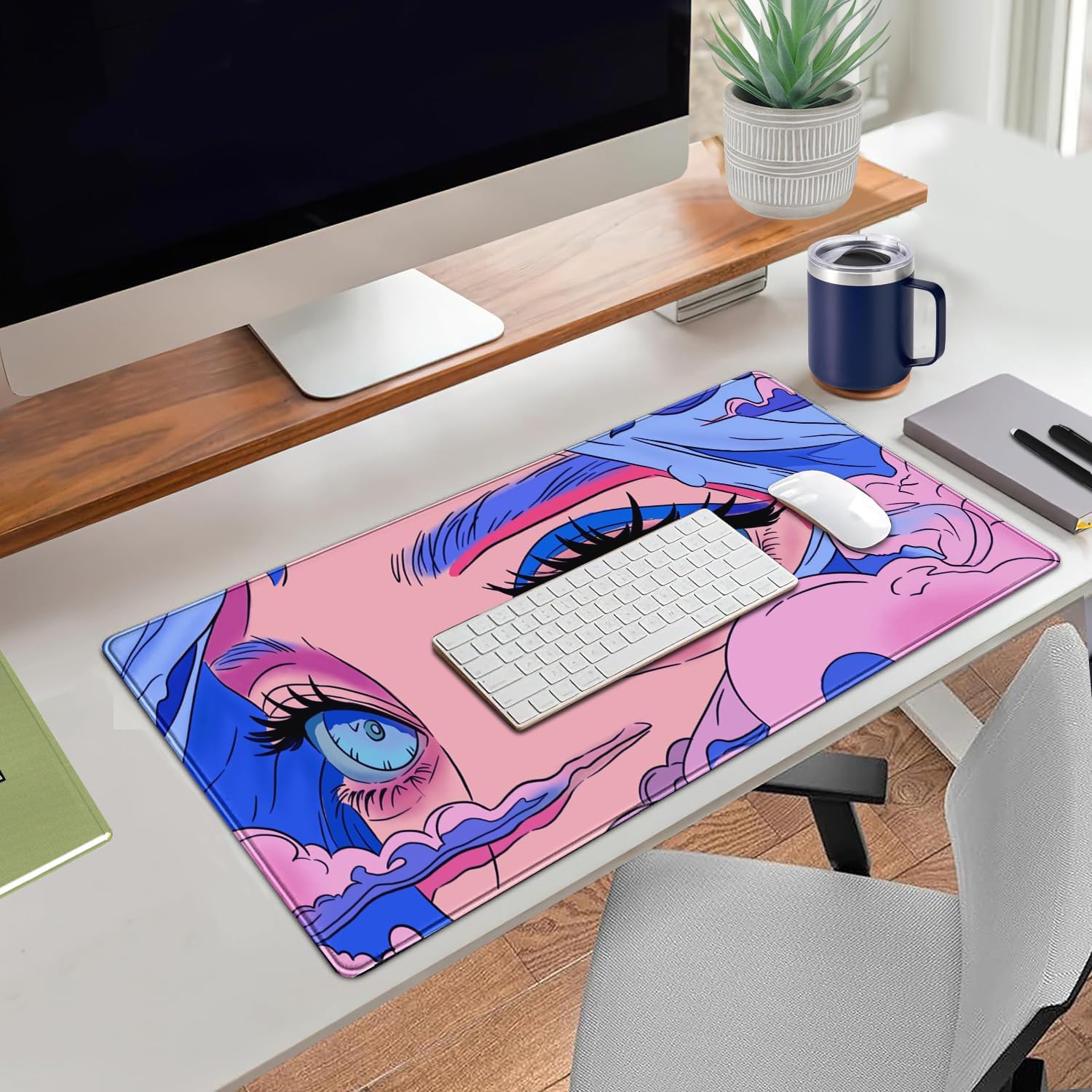 Anime Girl Loving Eye Desk Mat Desk Mat Pink Desk Pad Aesthetic Japanese Mouse Pad Large XXL Gaming Mousepad Computer Keyboard Mat Desk Matt for Desktop Office Decor Deskmat 31.5 X15.7In - Image 3