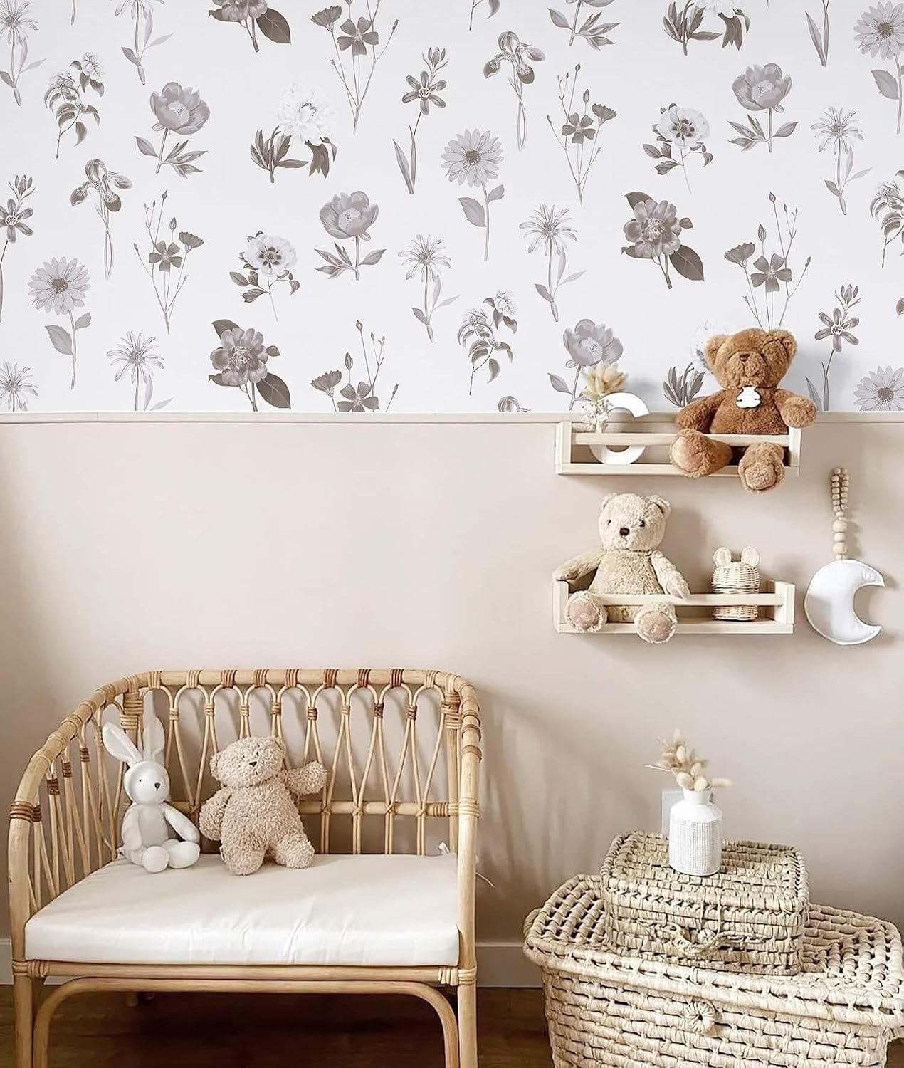 Ismoon Floral Peel and Stick Wallpaper Boho Wallpaper White/Grey Contact Paper Removable Stick on Wall Paper Self Adhesive Vinyl Wallpaper for Bedroom Cabinet Shelf Renter Friendly 17.3x78.7in