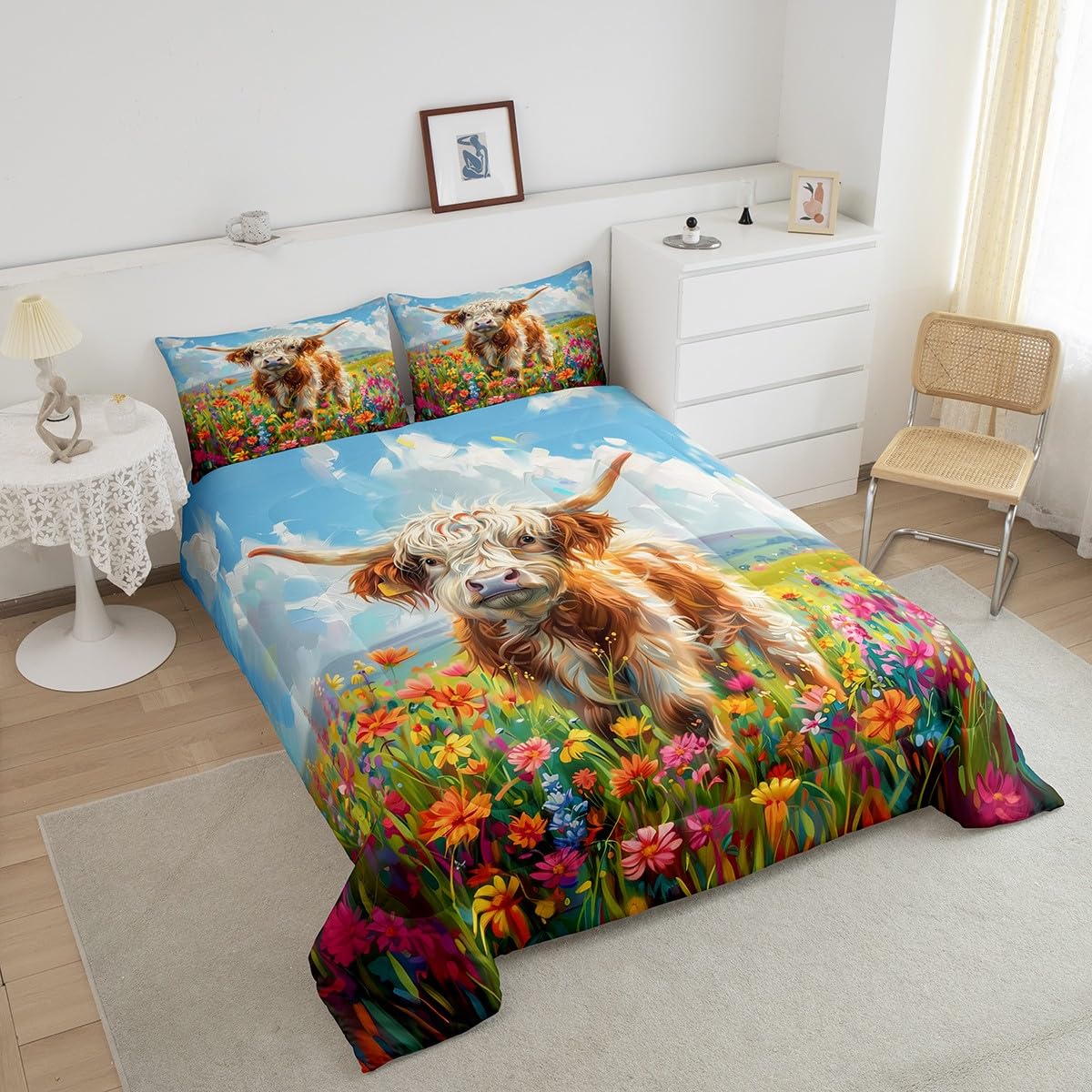 Manfei Rustic Cow Comforter Set,Western Farmhouse Highland Cattle Bedding Set for Kids Teens Bedroom,Watercolor Blooming Flowers Spring Floral Quilt Set 2 Pcs with 1 Pillowcase,Toddler