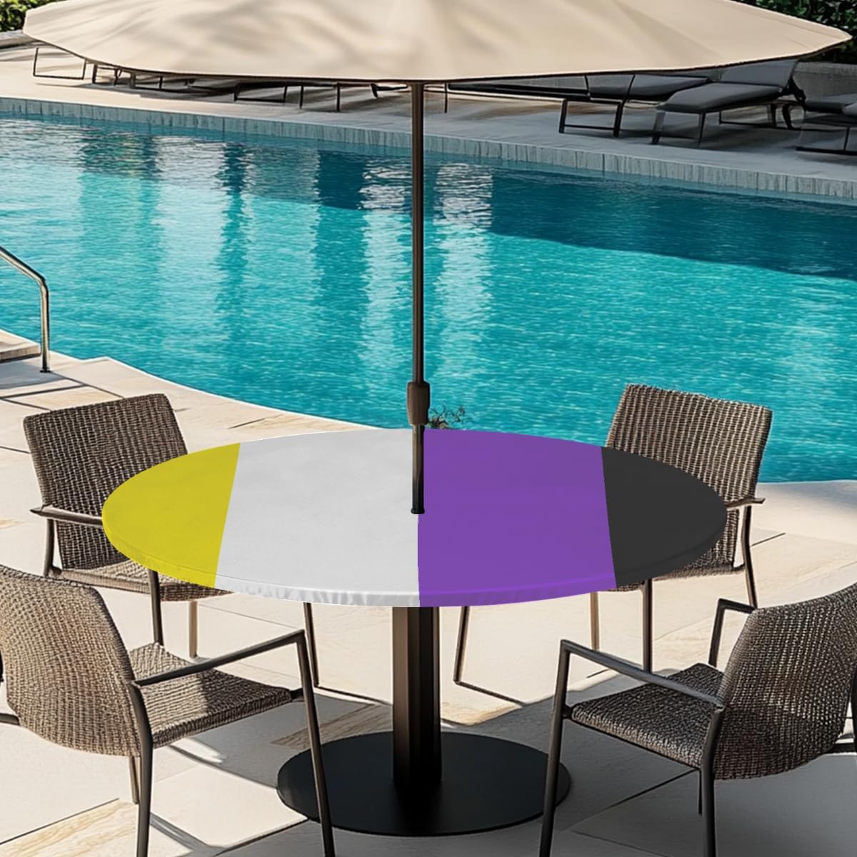 Flag Nonbinary Modern Round Outdoor Table Cloth with Umbrella Hole Flag Yellow Outdoor Round Fitted Tablecloth with Elastic Edge Waterproof Circle Table Cover for Patio Garden Picnic (45-56 in)