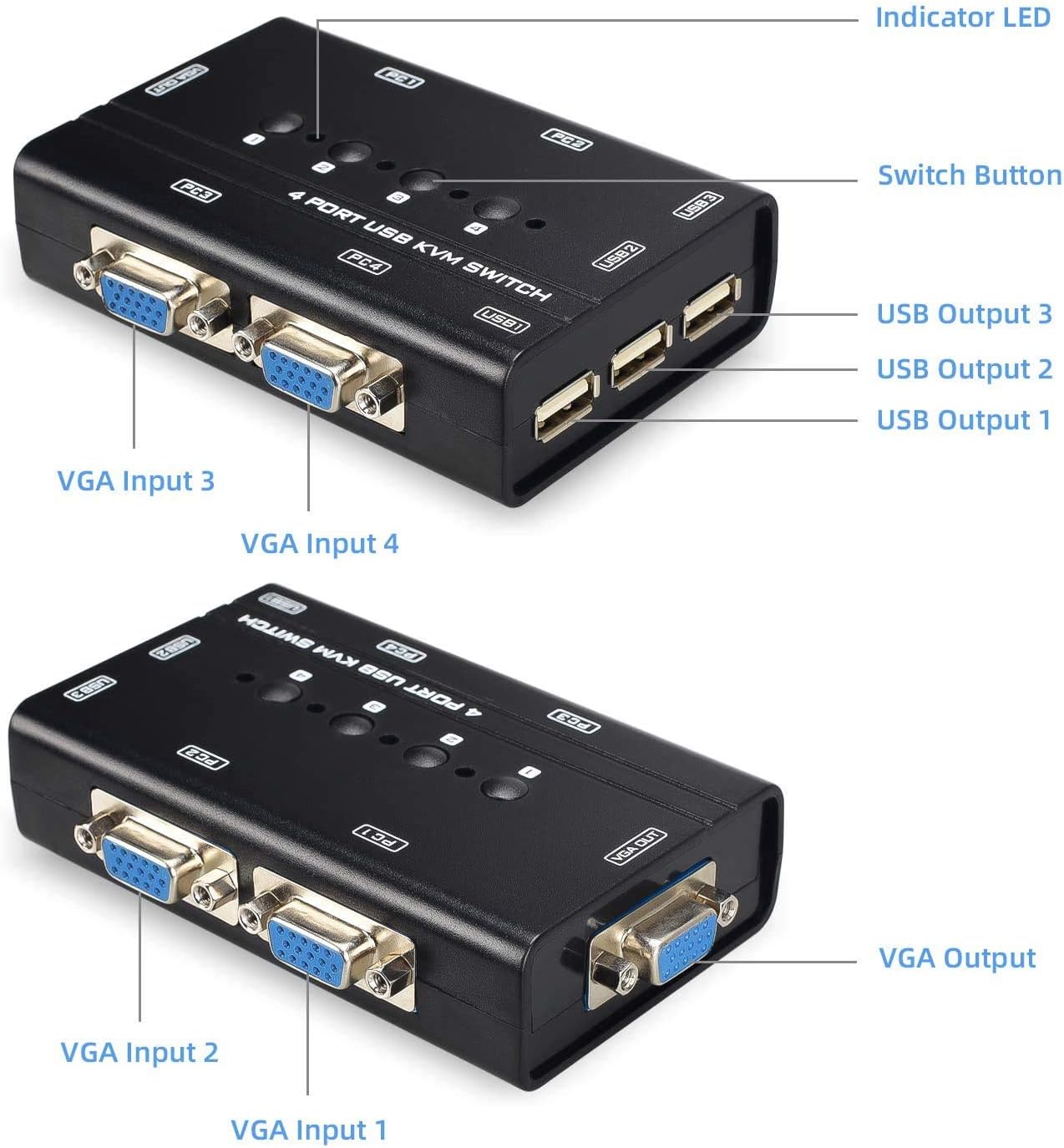 TCNEWCL VGA KVM Switch with 4 Cables, Selector Switcher for 4 Computer 1 Monitor and 3 USB Devices, Keyboard, Mouse, Printer - Image 4
