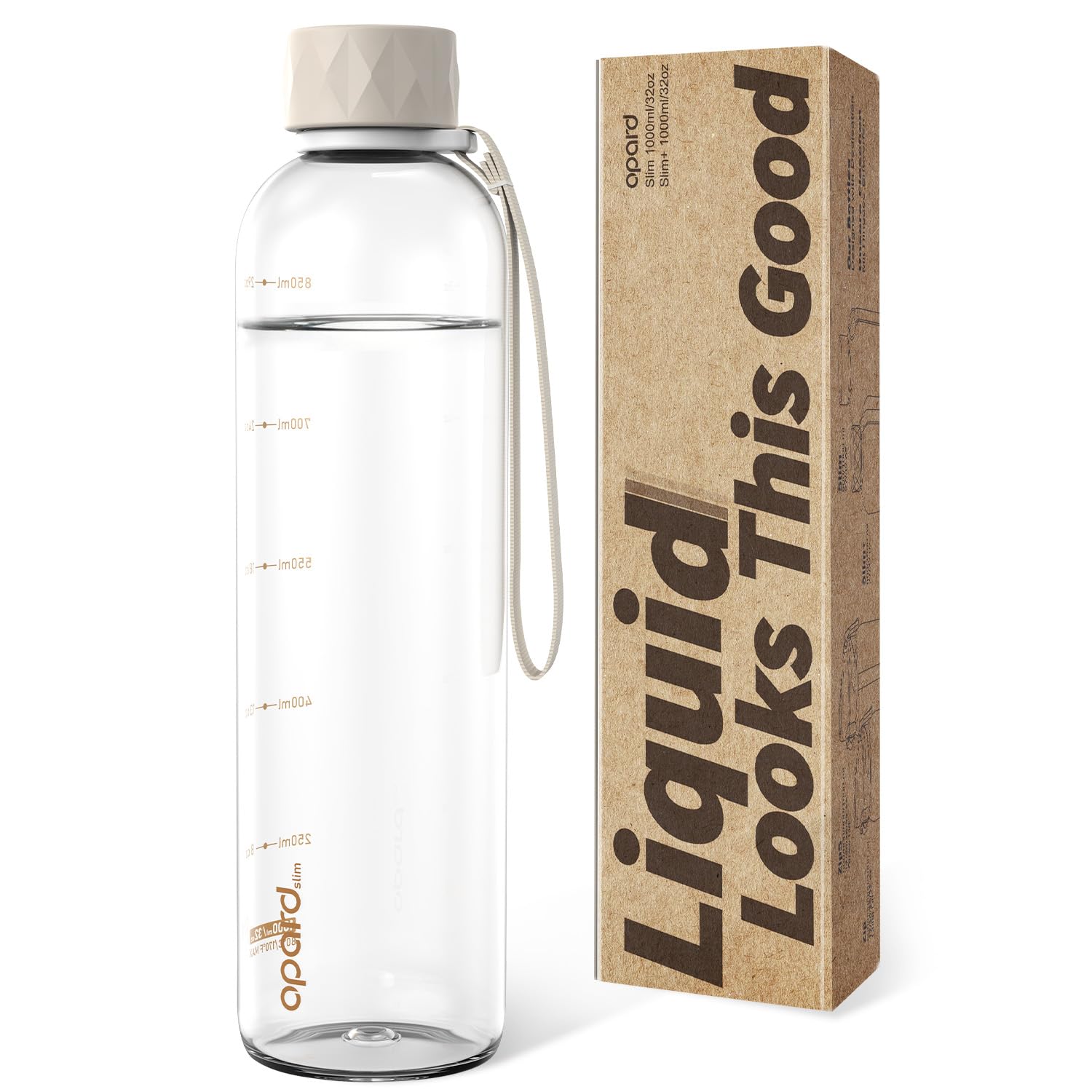 Opard Slim Water Bottle 32oz, Plastic Water Bottle BPA-Free, Facetted Rubberized Grip-Texture Monocap, Leakproof Screw Top, Clear Cream, Reusable for Travel School Sport Gym Hiking