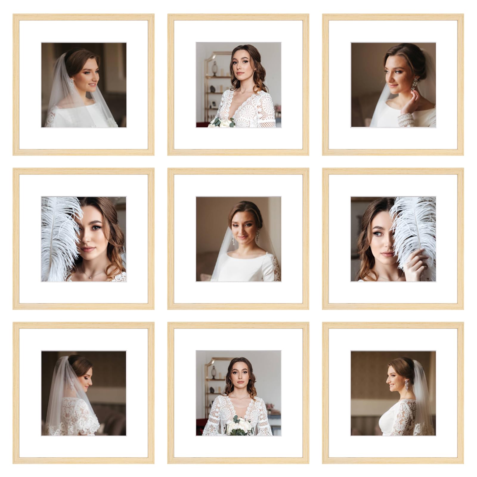 Photo 1 of ***FOR PARTS ONLY/ HAS DAMAGED PIECES*** BSRHOME 12x12 Picture Frame Set of 9, Display Pictures 8x8 with Mat or 12x12 without Mat, Multi Collage Gallery Square Photo Frames for Wall or Tabletop, Natural Wood
