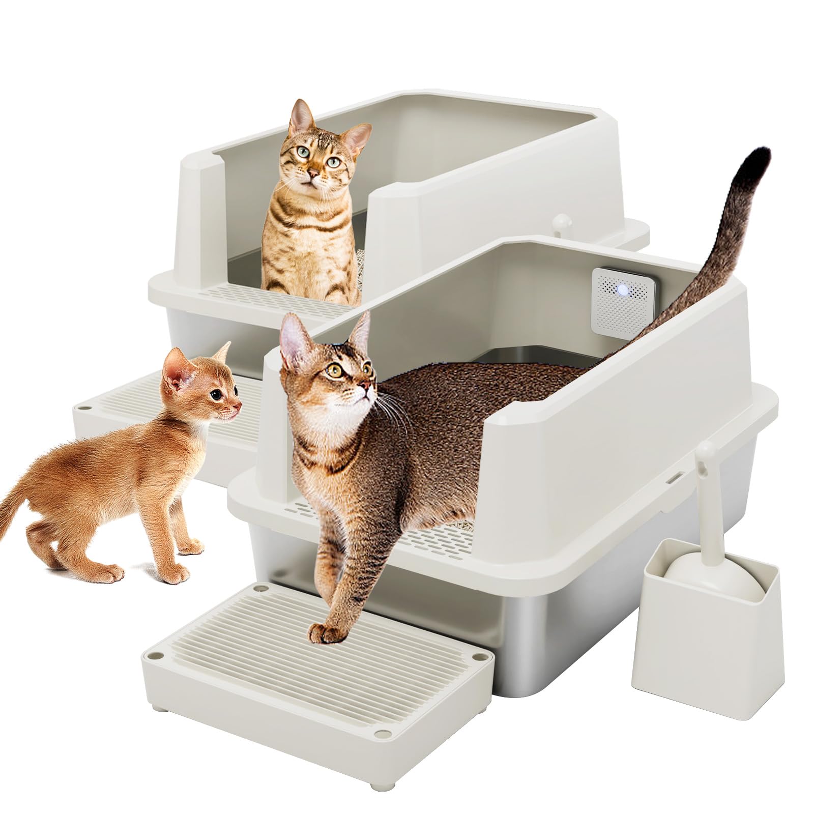 RIZZARI Stainless Steel Litter Box: Beige Leakproof Open Top Tray - Heavy Duty - Odor Resistant- Teflon Non-Stick Coating Cleaning - with Deodorizer - 2 Pack - for Laundry Room Restroom