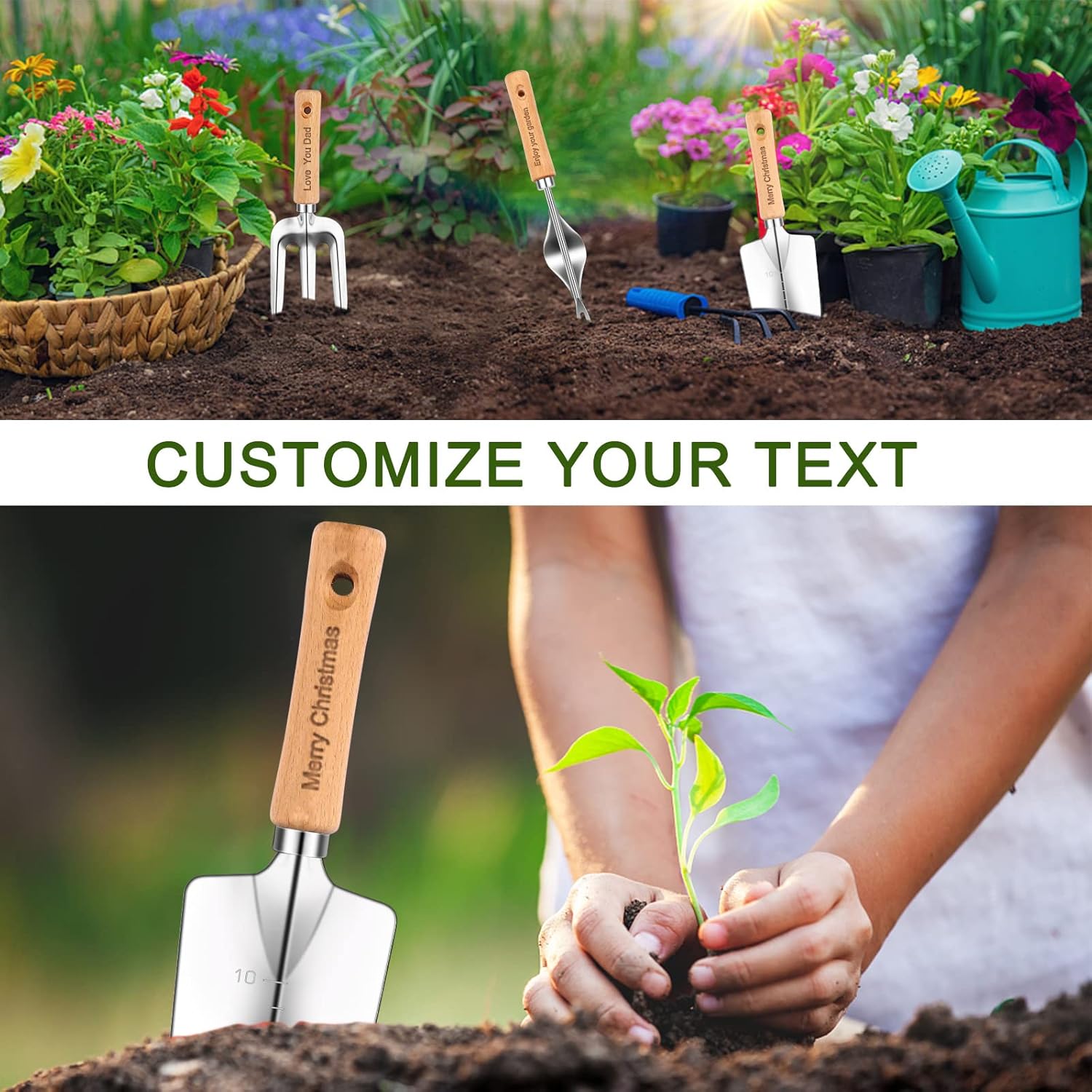 Custom Name 4 Garden Shovel Tool Set,Personalize 4 Piece Gardening Set, Narrow Shovel,Wide Shovel,Three-Tooth rake,Pitching Fork (Personalized)