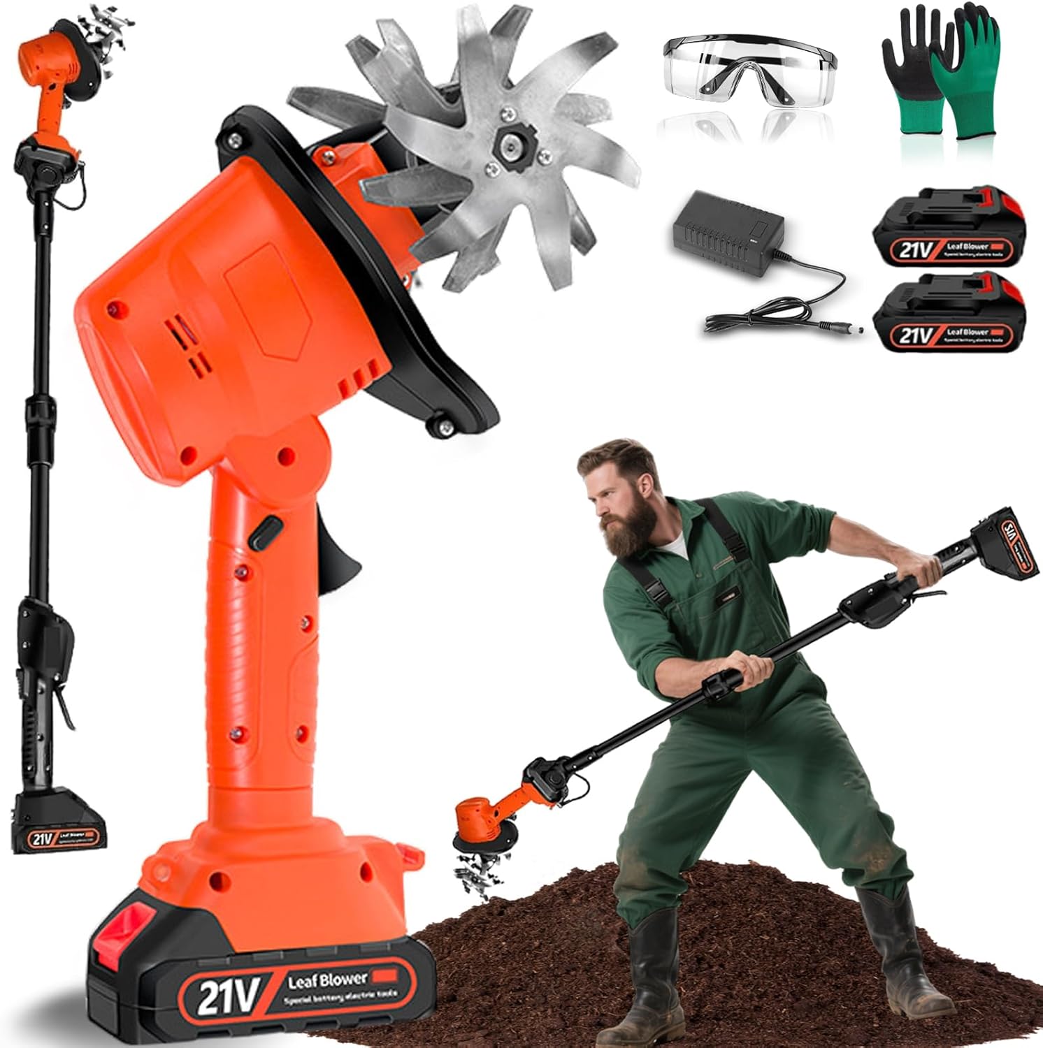 21V Cordless Mini Tiller Cultivator, 2025 New Hand Held Tiller for Gardening, 235RPM with 4 Rows of Tines for Lawn/Gardening/Soil Cultivation, Dual Safety Switch (with Pole)