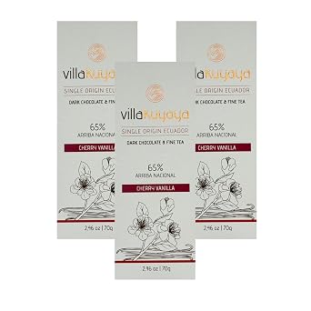 Villakuyaya Premium Dark Chocolate Cherry Vanilla 65% Gourmet Ecuadorian Cacao with Darjeeling & Assam Black Tea, Vanilla Essence, Vegan & Gluten-Free Pack of 3