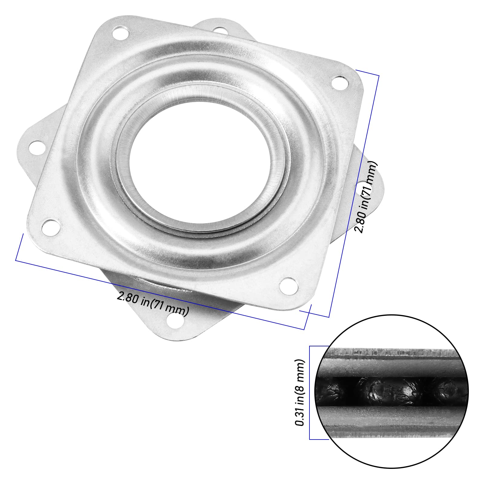 Lot de 10 Plateaux Rotatifs Carrés de 71 mm, en Métal, Roulements à Billes, Rotation à 360 Degrés, Pivotement Lazy Susan avec vis pour Étagère de Cuisine, Support TV, 30 kg, Argent