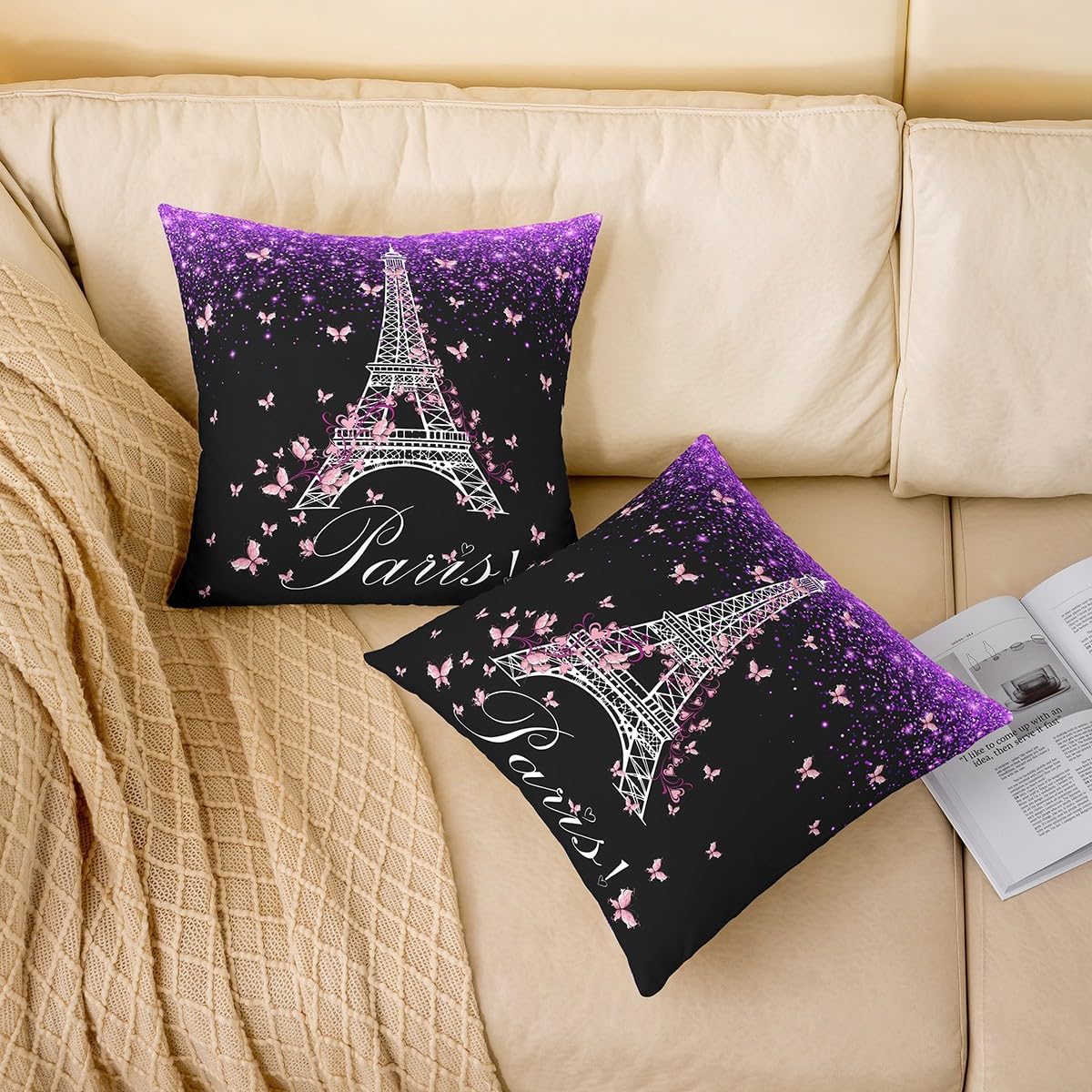 Feelyou Eiffel Tower Pillow Cases Cushion Covers Kids Butterfly Throw Pillow Covers 22"x22" Set of 2 Soft Decor Glitter Decorative Throw Pillowcases Paris Decor Purple Black Cushion Cases Bedroom