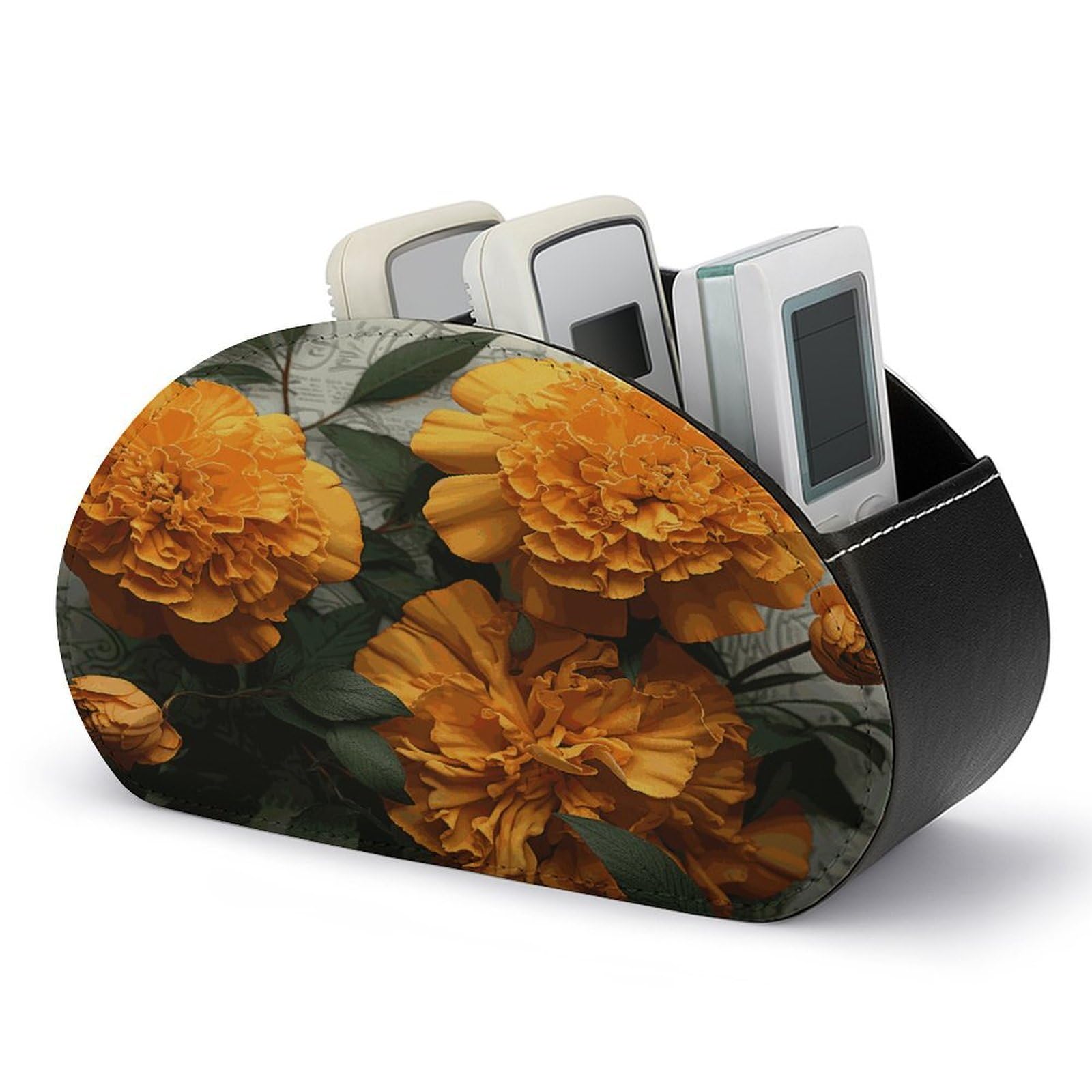 VstaDank Marigold Remote Control Holder with 5 Compartments PU Leather Remote Caddy Desktop Organizer Store TV Remote Control Storage Box for Home Office Desk Nightstand