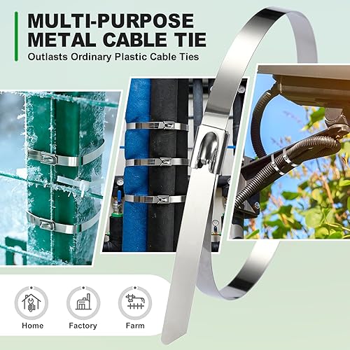 Miniatura 5 de Bridas de metal extra anchas, 200 bridas de acero inoxidable 304 de 15.8 pulgadas | Bridas de cables autobloqueantes multiusos resistentes para